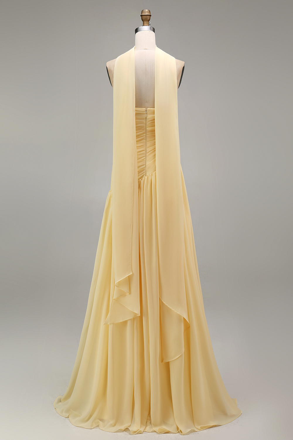 Strapless Ruched Long Orange Neck Scarf Boho Wedding Guest Dress with Slit