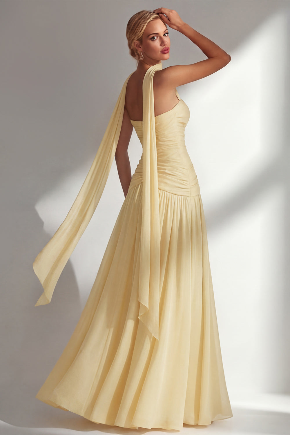 Strapless Ruched Long Blue Neck Scarf Boho Wedding Guest Dress with Slit