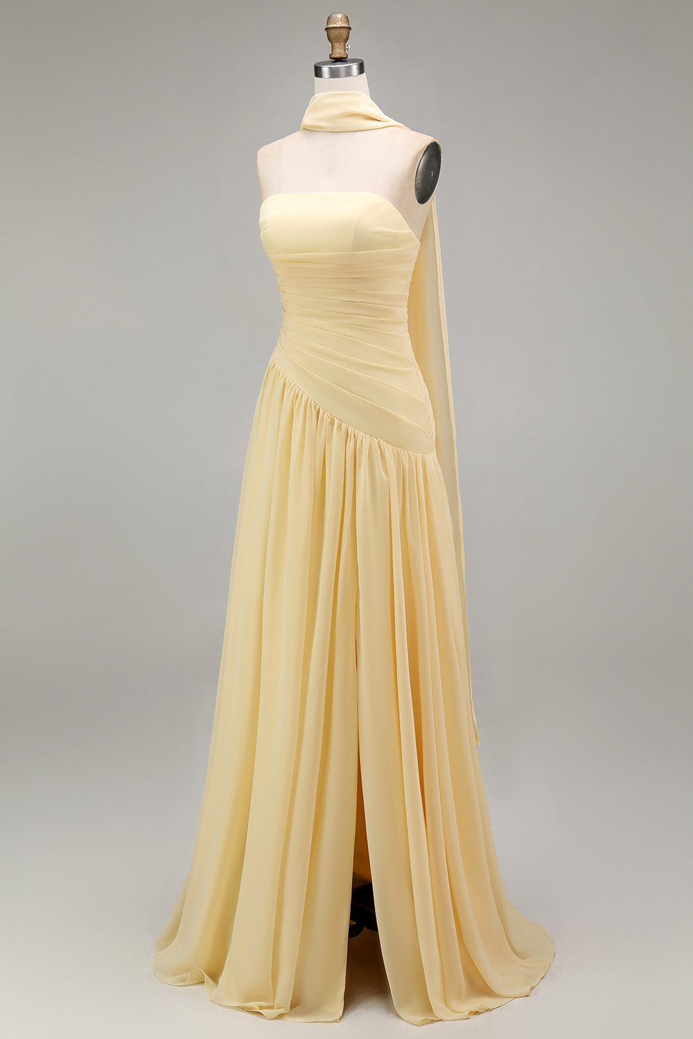Strapless Ruched Long Orange Neck Scarf Boho Wedding Guest Dress with Slit