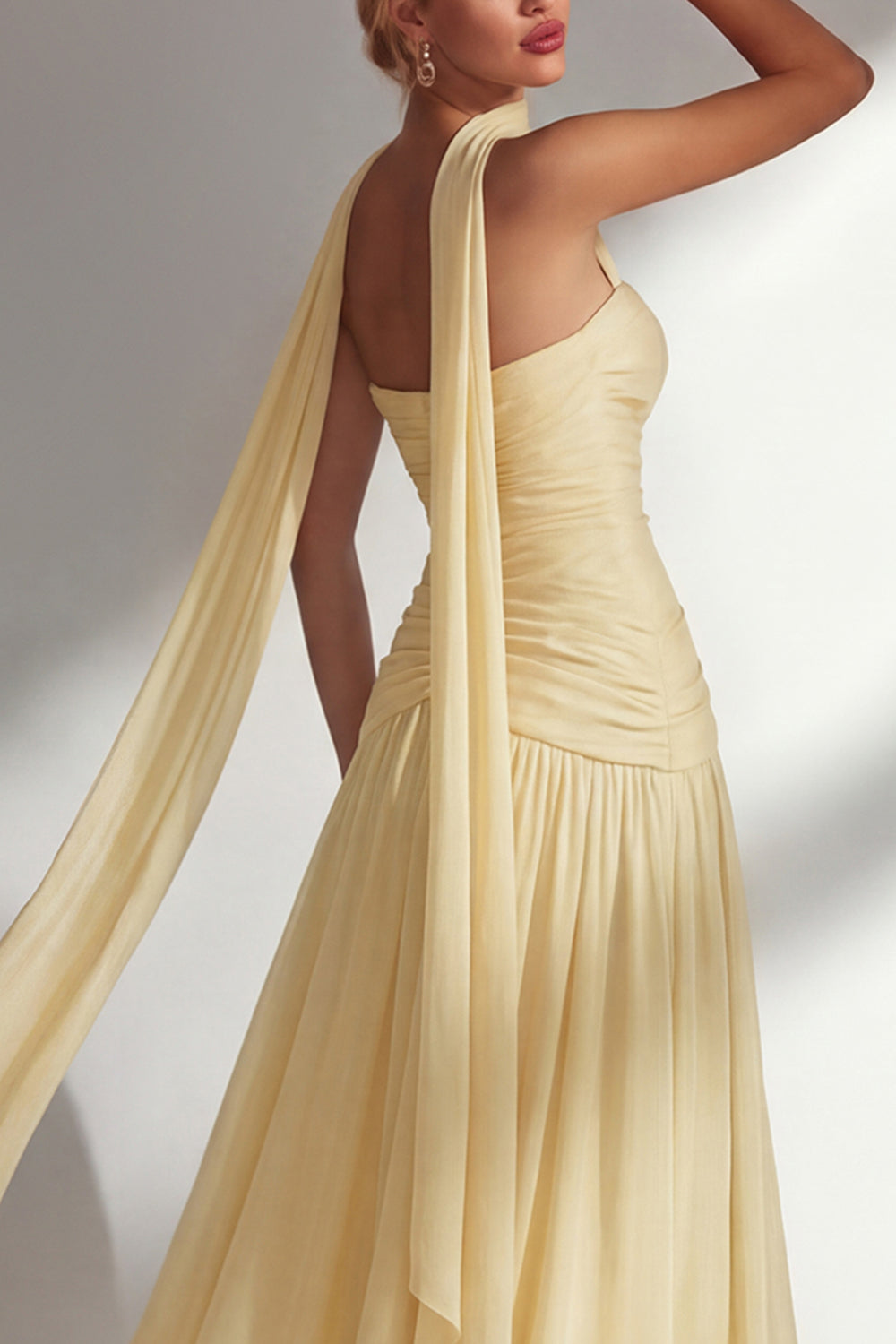 Strapless Ruched Long Blue Neck Scarf Boho Wedding Guest Dress with Slit