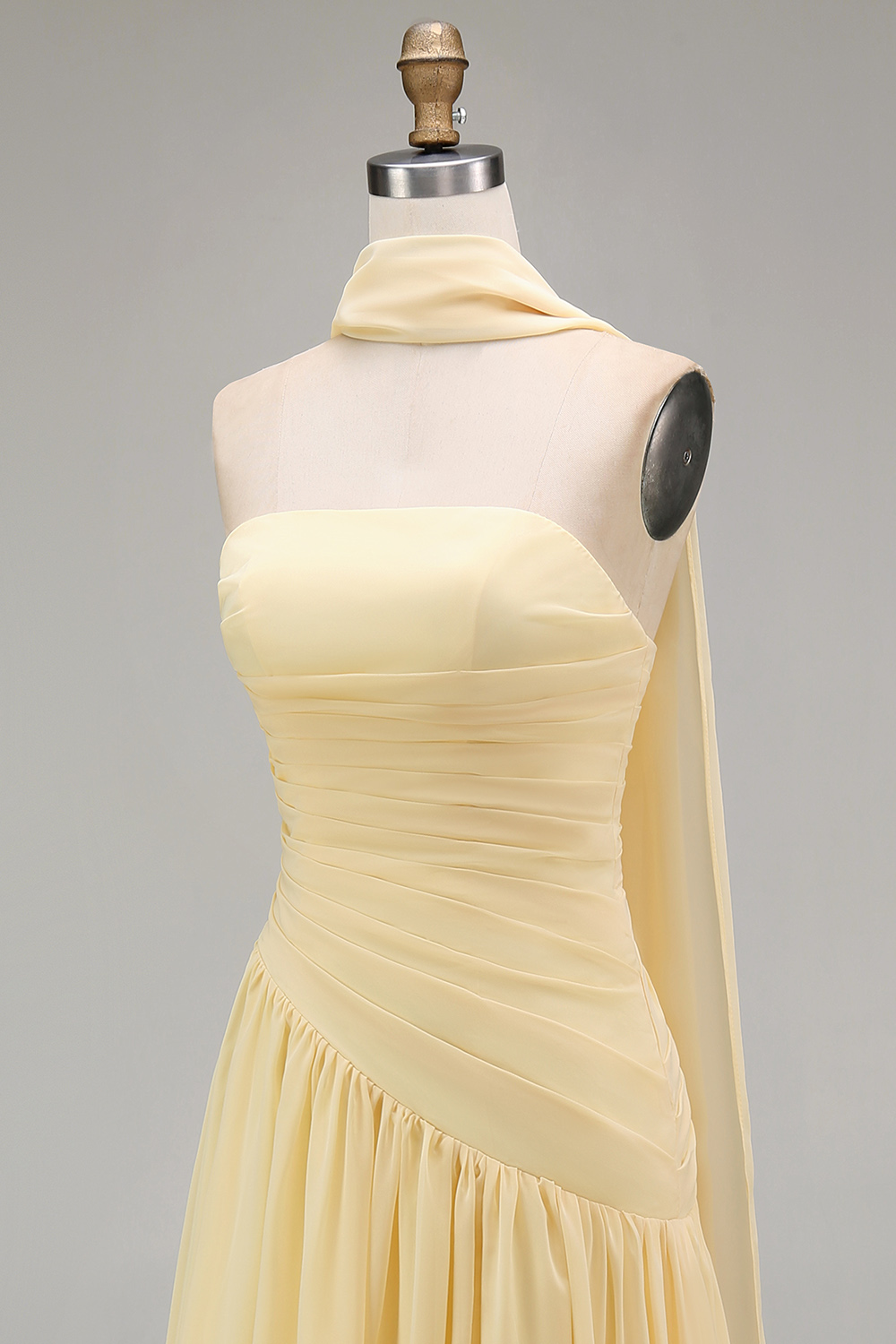 Strapless Ruched Long Orange Neck Scarf Boho Wedding Guest Dress with Slit
