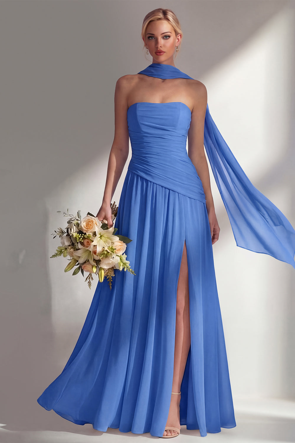 Strapless Ruched Long Blue Neck Scarf Boho Wedding Guest Dress with Slit