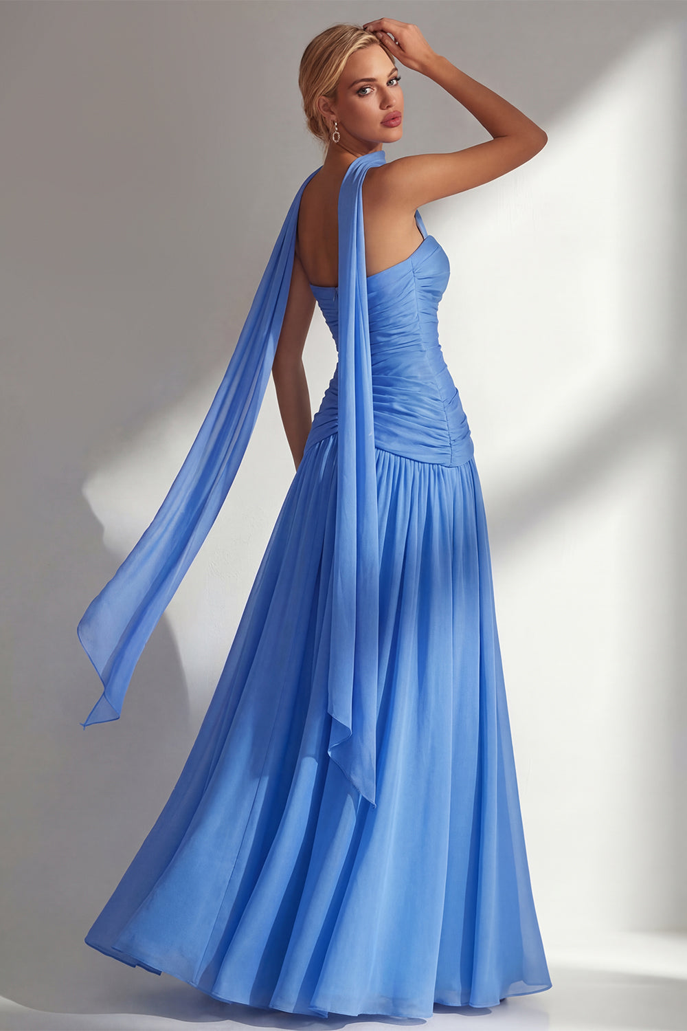 Strapless Ruched Long Blue Neck Scarf Boho Wedding Guest Dress with Slit