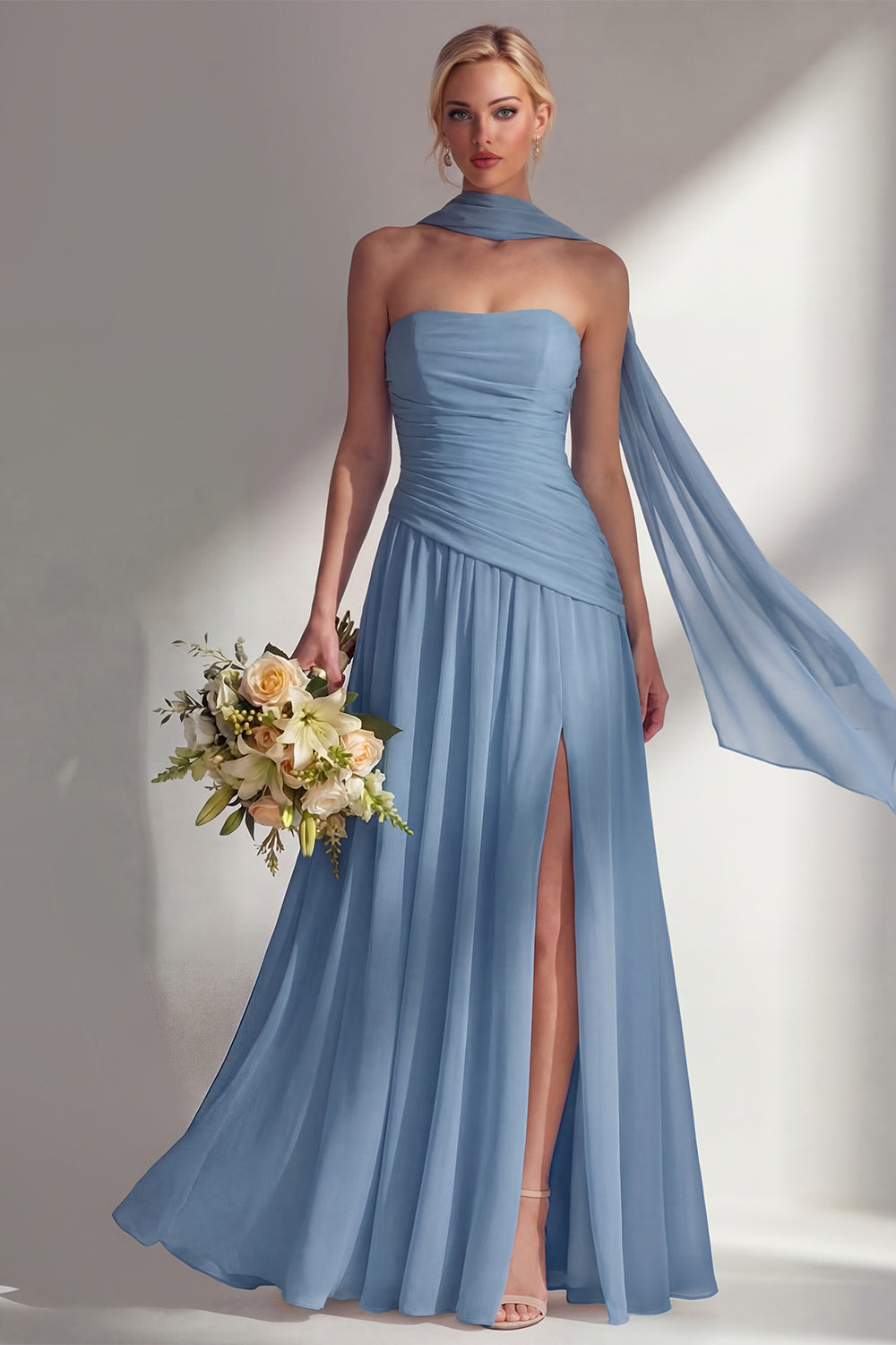 Strapless Ruched Long Blue Neck Scarf Boho Wedding Guest Dress with Slit