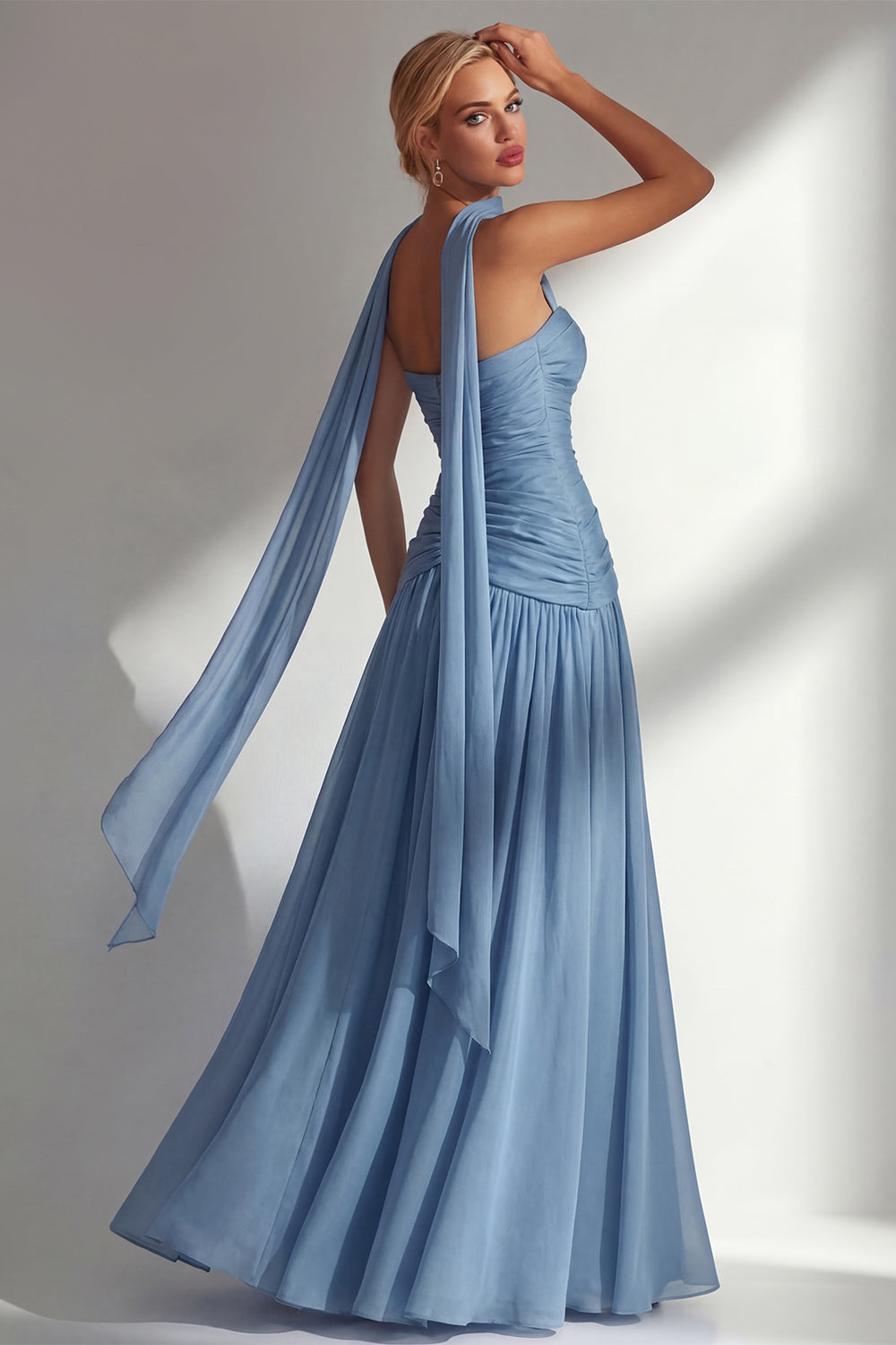Strapless Ruched Long Blue Neck Scarf Boho Wedding Guest Dress with Slit
