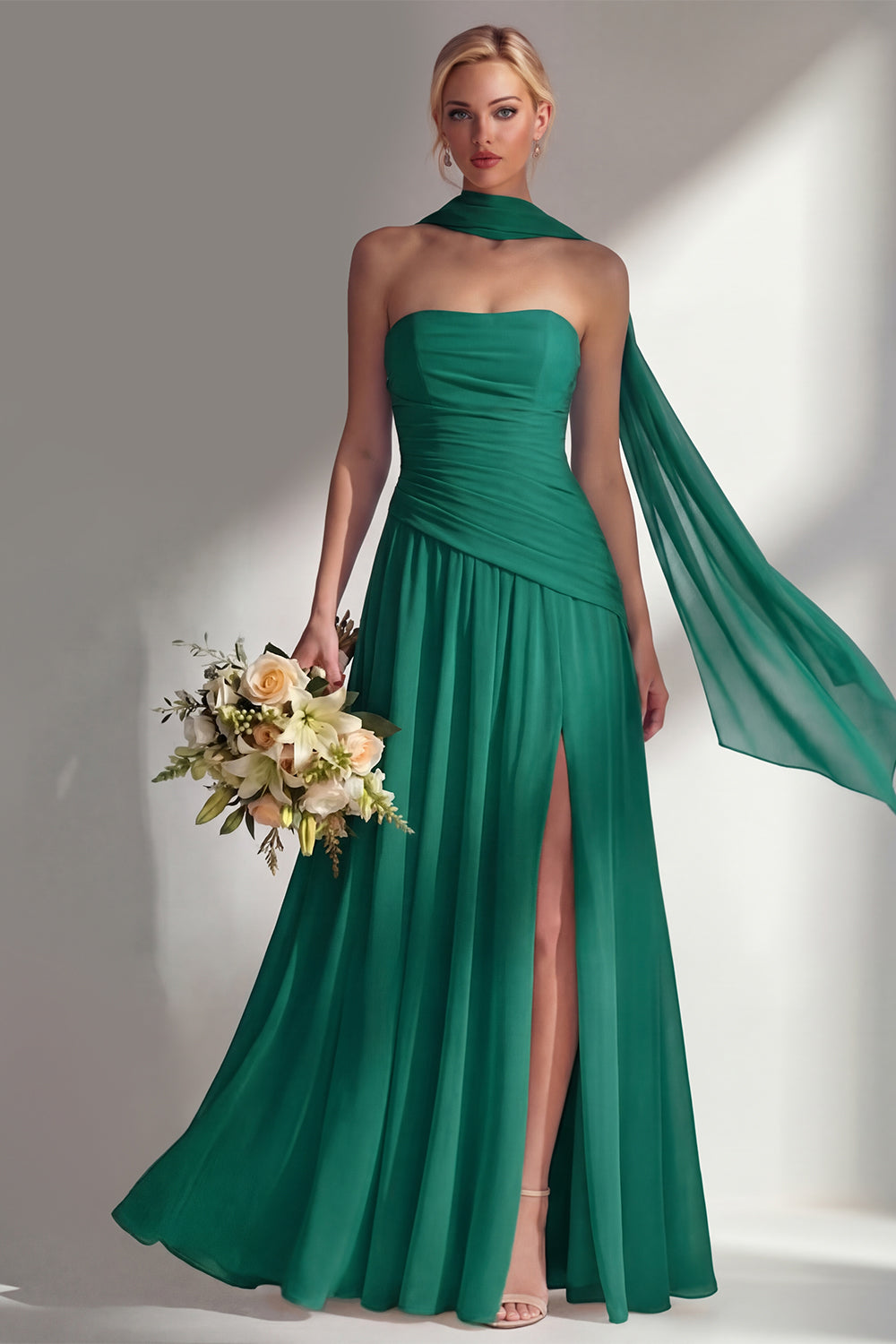 Strapless Ruched Long Blue Neck Scarf Boho Wedding Guest Dress with Slit