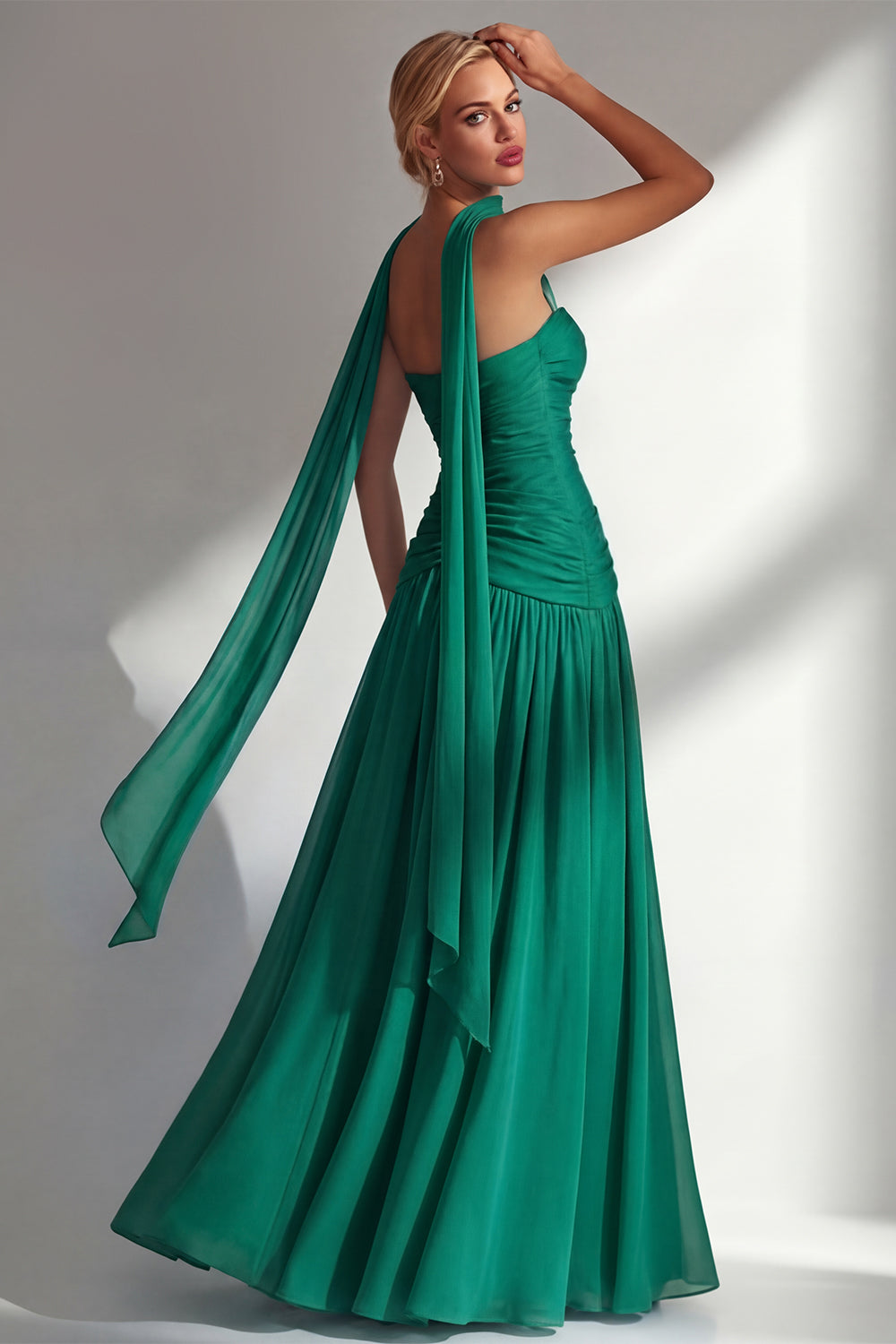 Strapless Ruched Long Blue Neck Scarf Boho Wedding Guest Dress with Slit