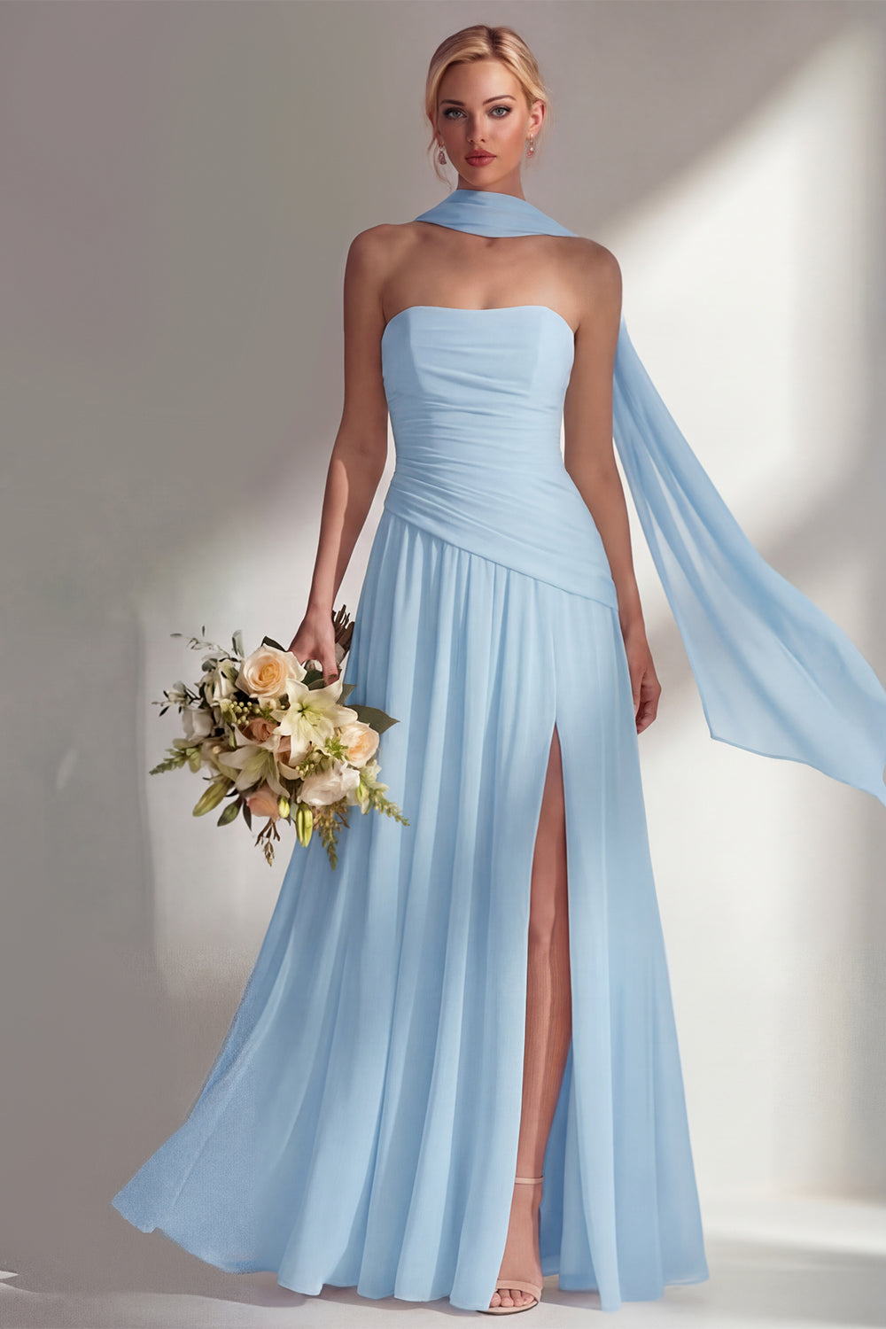 Strapless Ruched Long Blue Neck Scarf Boho Wedding Guest Dress with Slit