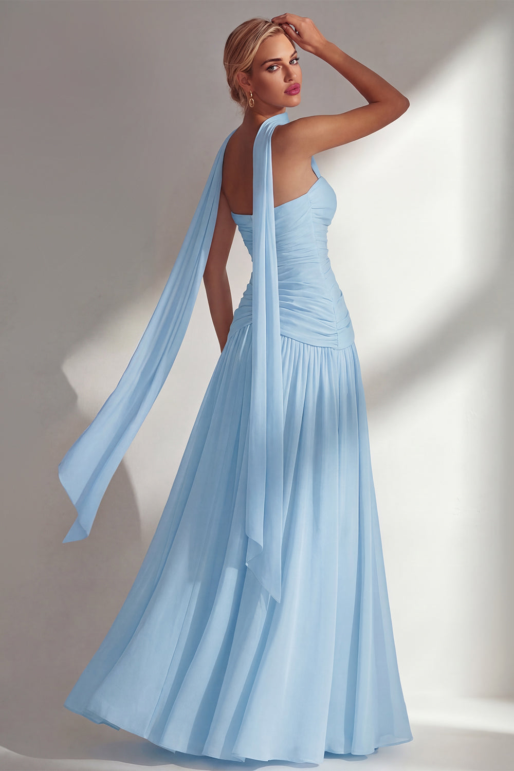 Strapless Ruched Long Blue Neck Scarf Boho Wedding Guest Dress with Slit