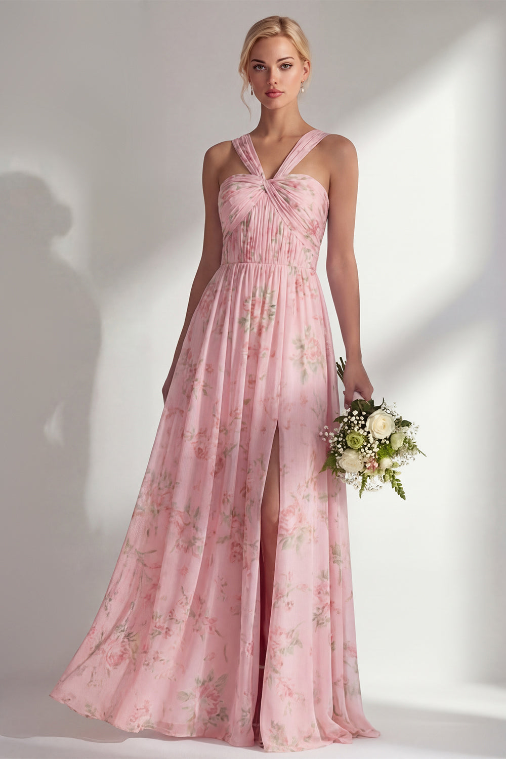 Pink Red Flower Convertible Wear Long Boho Wedding Guest Dress with Slit