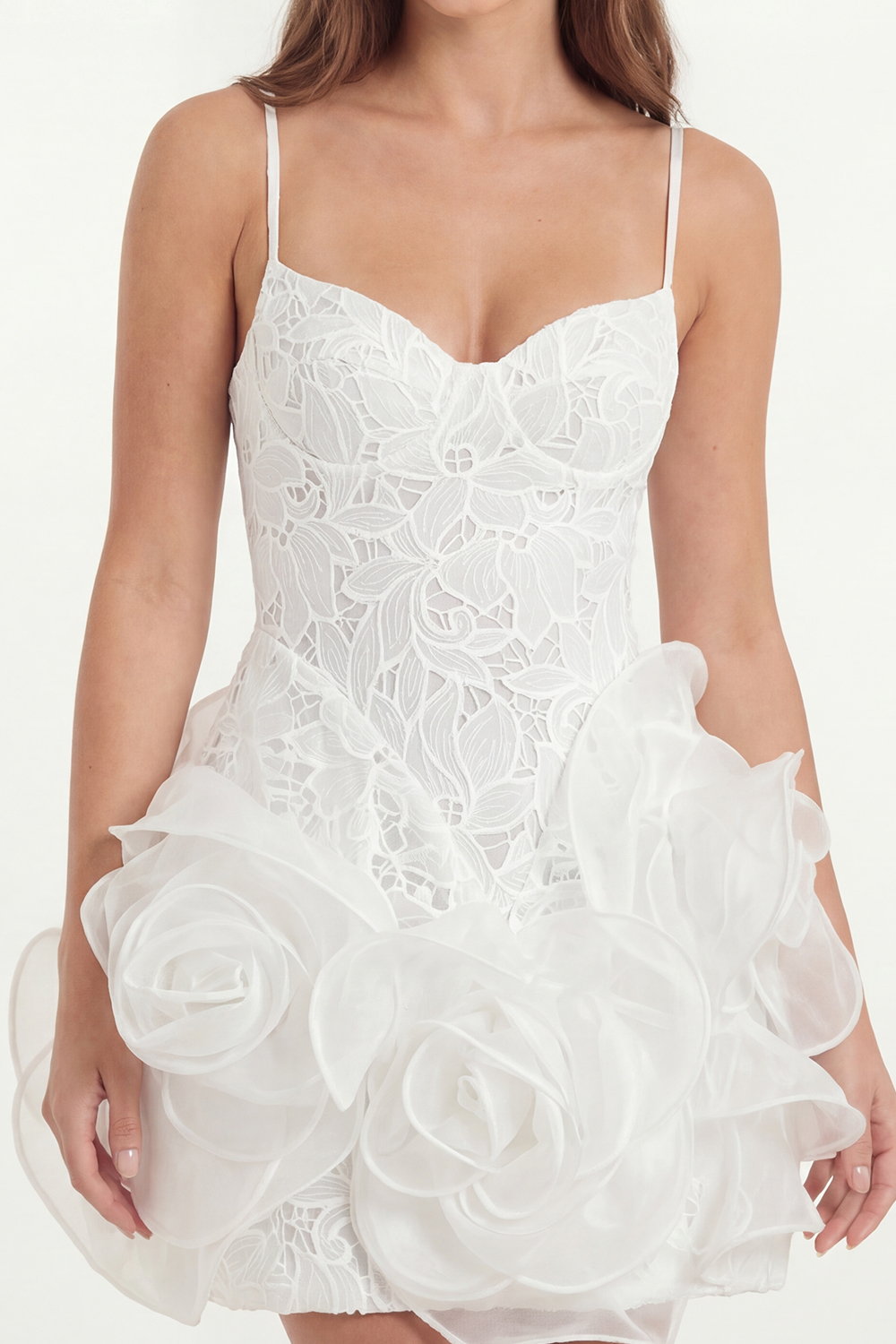 Spaghetti Straps White A Line Lace Short Graduation Dress with 3D Flower