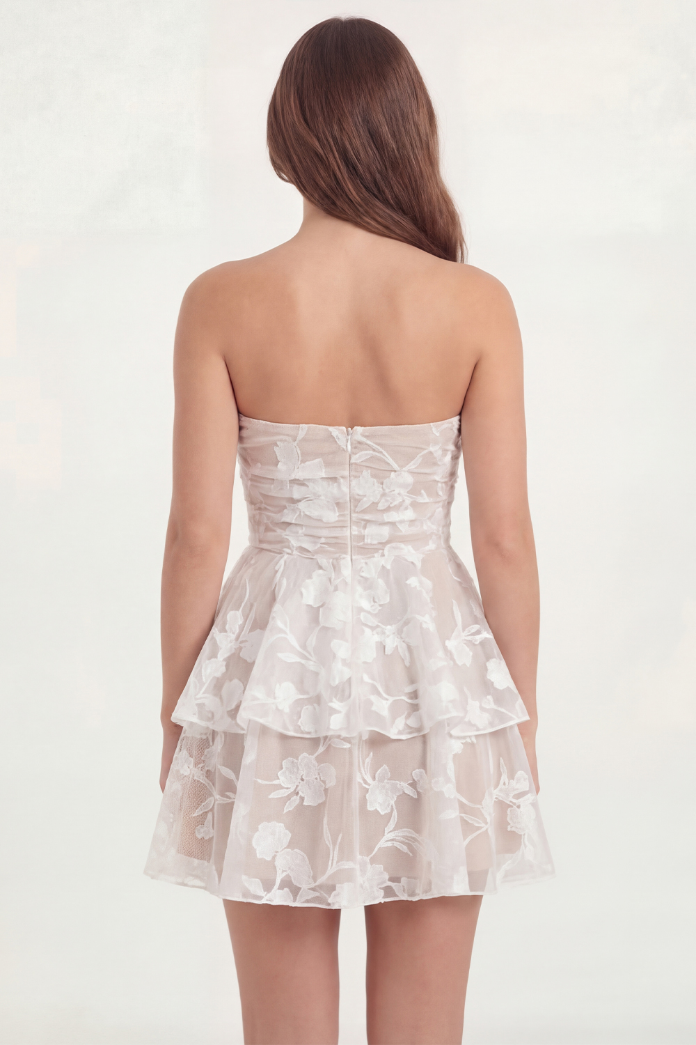 Strapless White Lace Floral Short Graduation Dress with Ruffles