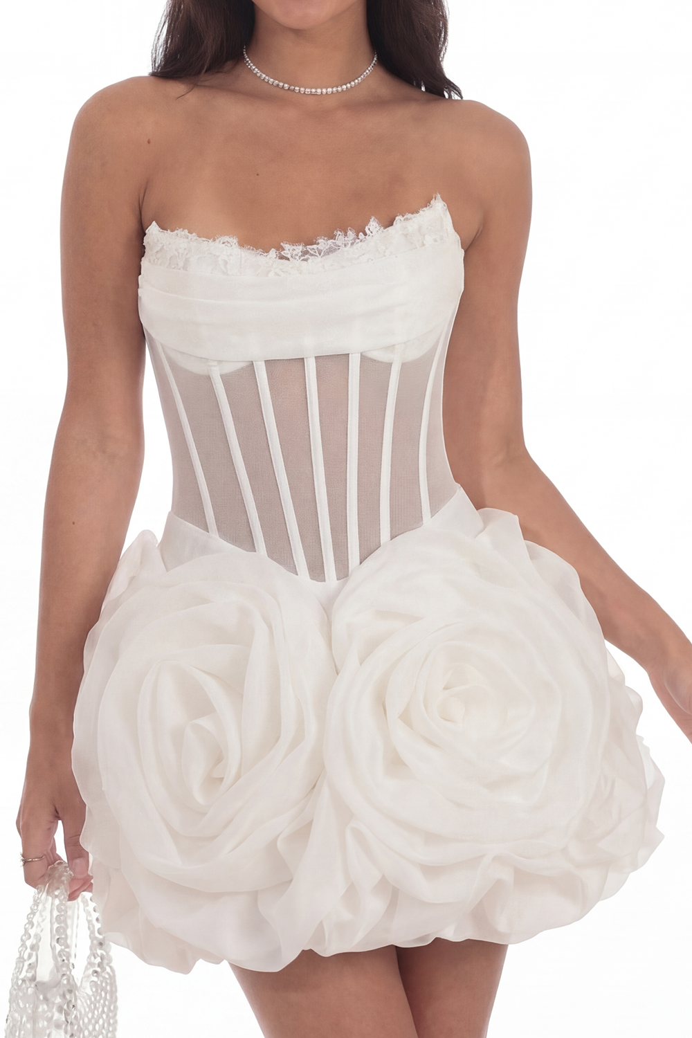 Corset Strapless White A Line Short Graduation Dress with 3D Flower
