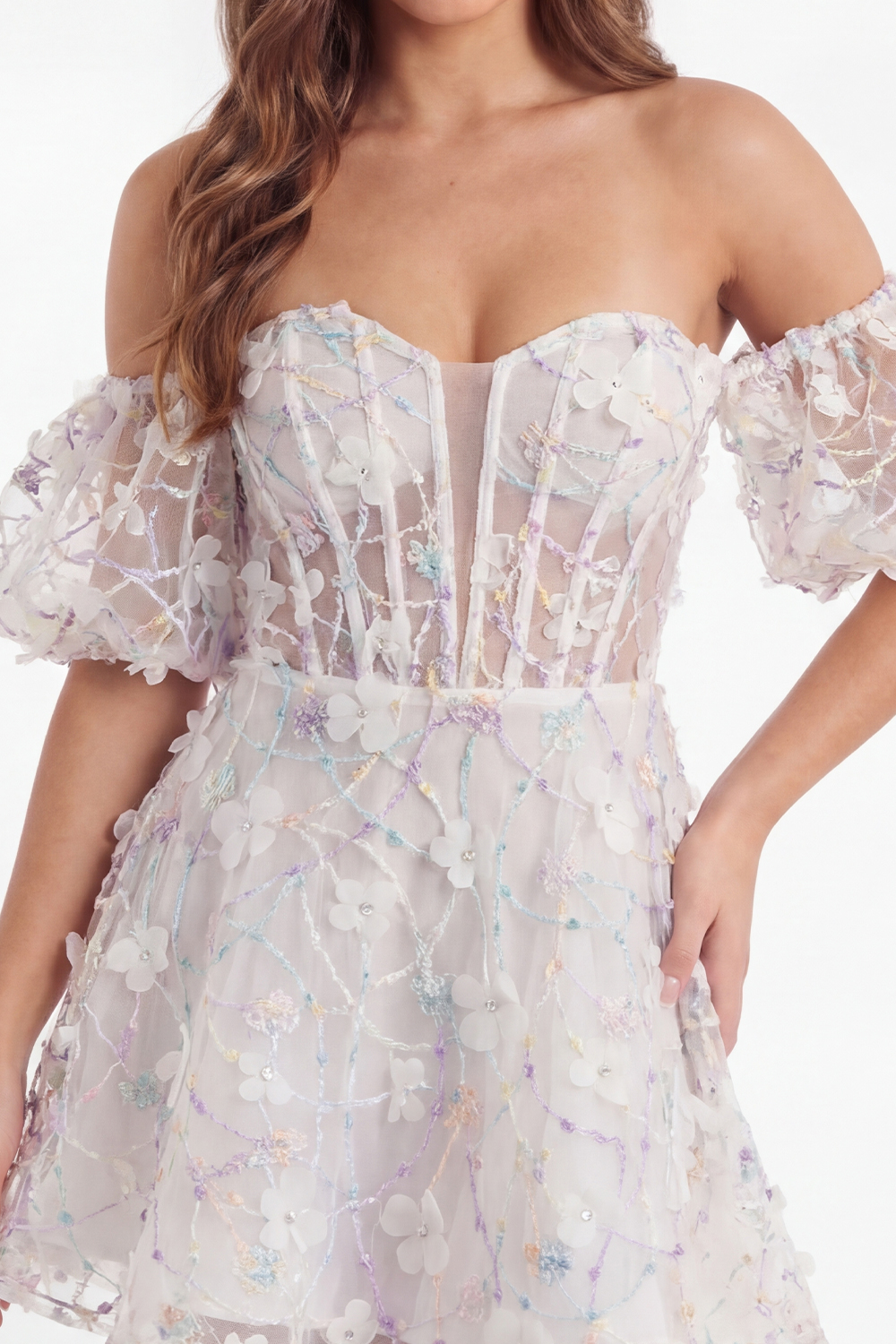 White Off the Shoulder Floral Short Corset Graduation Dress with Appliques