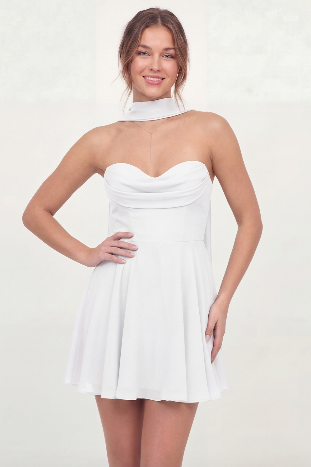 Neck Scarf White A Line Short Corset Graduation Dress