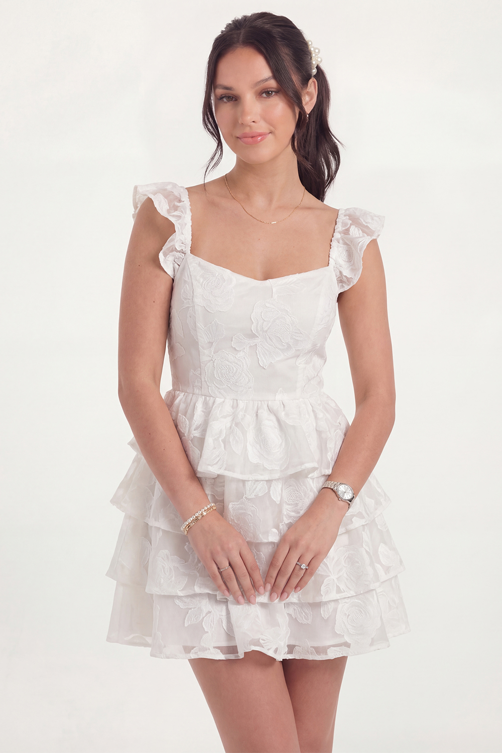 White A Line Ruffled Floral Jacquare Short Graduation Dress