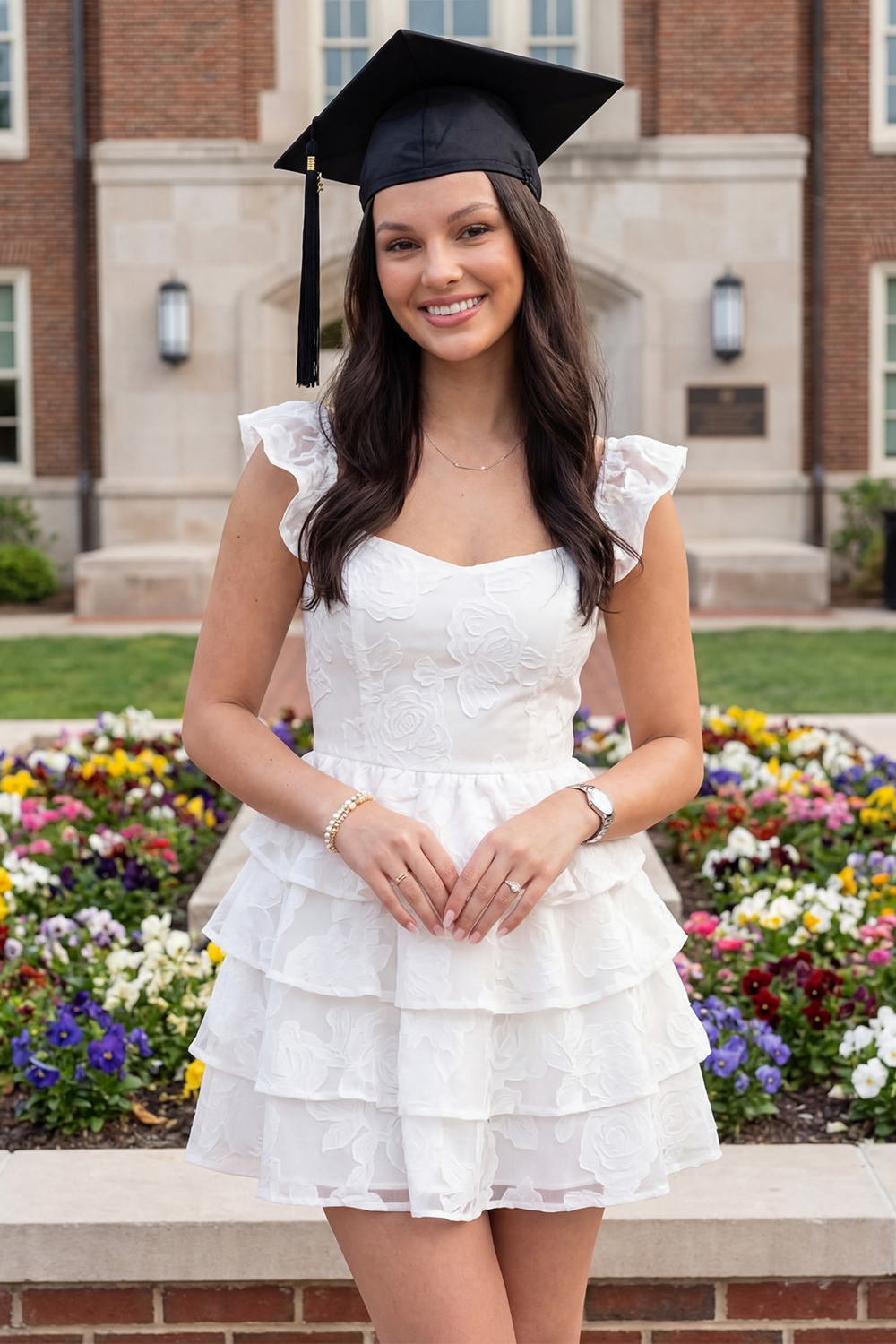 White A Line Ruffled Floral Jacquare Short Graduation Dress