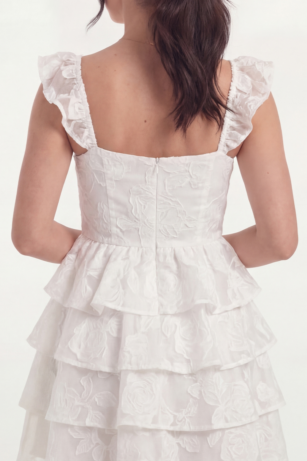 White A Line Ruffled Floral Jacquare Short Graduation Dress