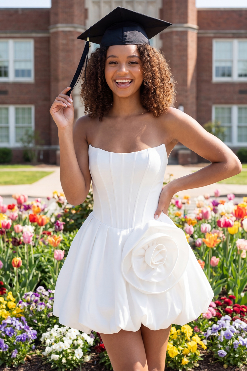 White Strapless Corset Short A Line Graduation Dress with 3D Flower