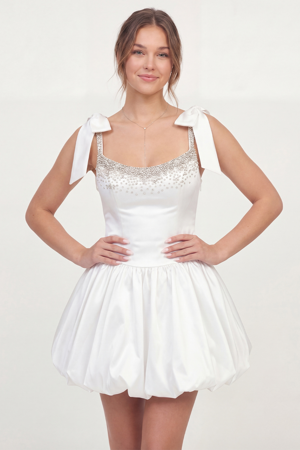 Sparkly White A Line Corset Beaded Satin Short Graduation Dress with Bows