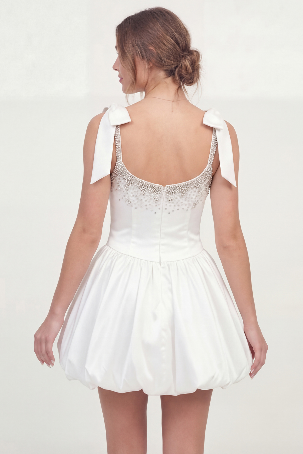 Sparkly White A Line Corset Beaded Satin Short Graduation Dress with Bows