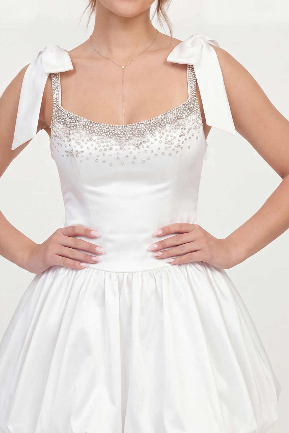 Sparkly White A Line Corset Beaded Satin Short Graduation Dress with Bows