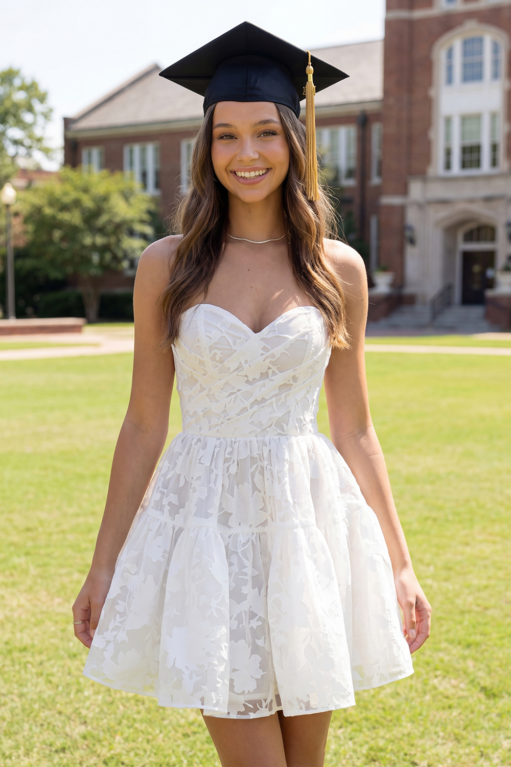 Sweetheart White A Line Corset Short Graduation Dress with Pearls