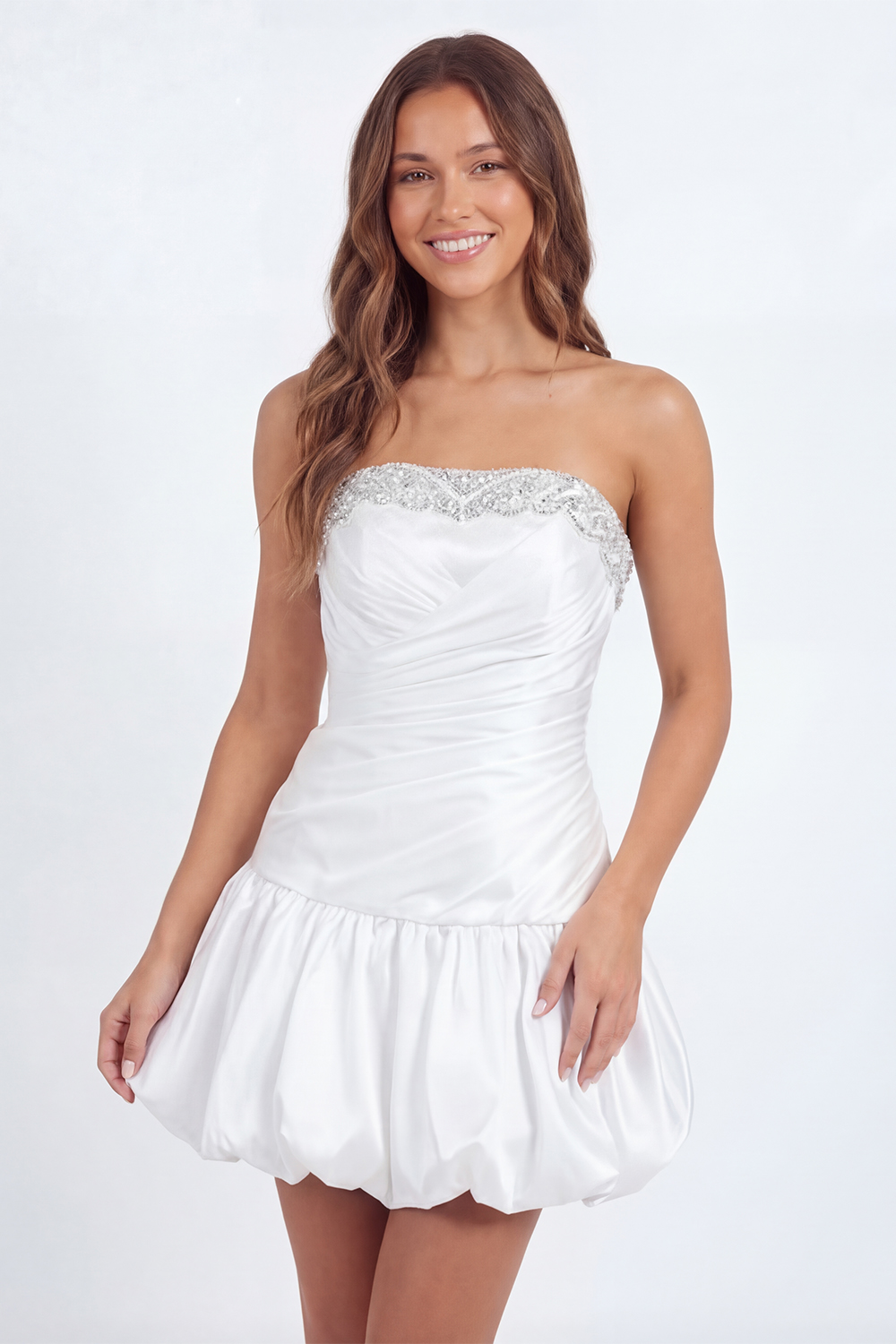 Sparkly White Beaded A Line Ruched Short Graduation Dress