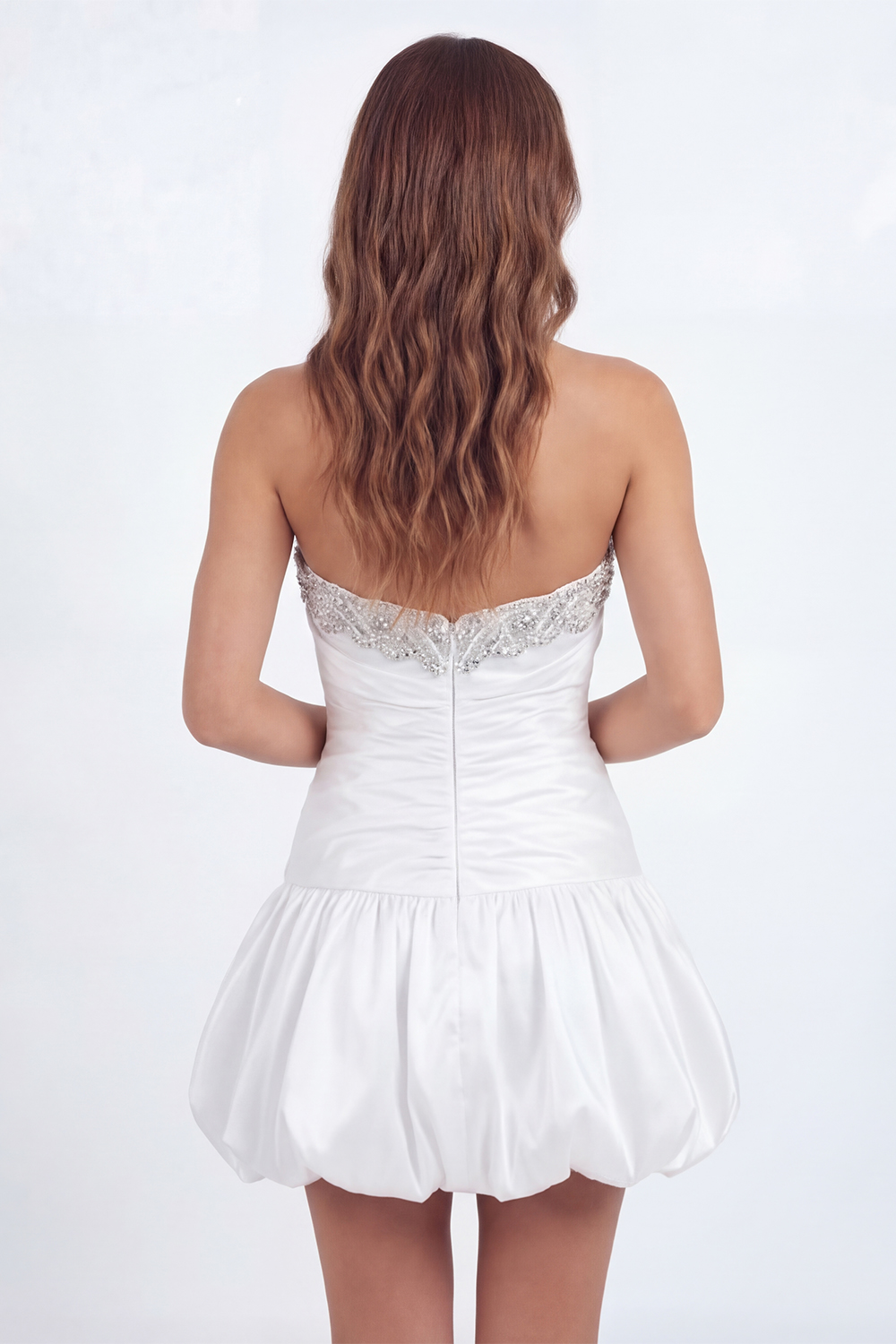 Sparkly White Beaded A Line Ruched Short Graduation Dress