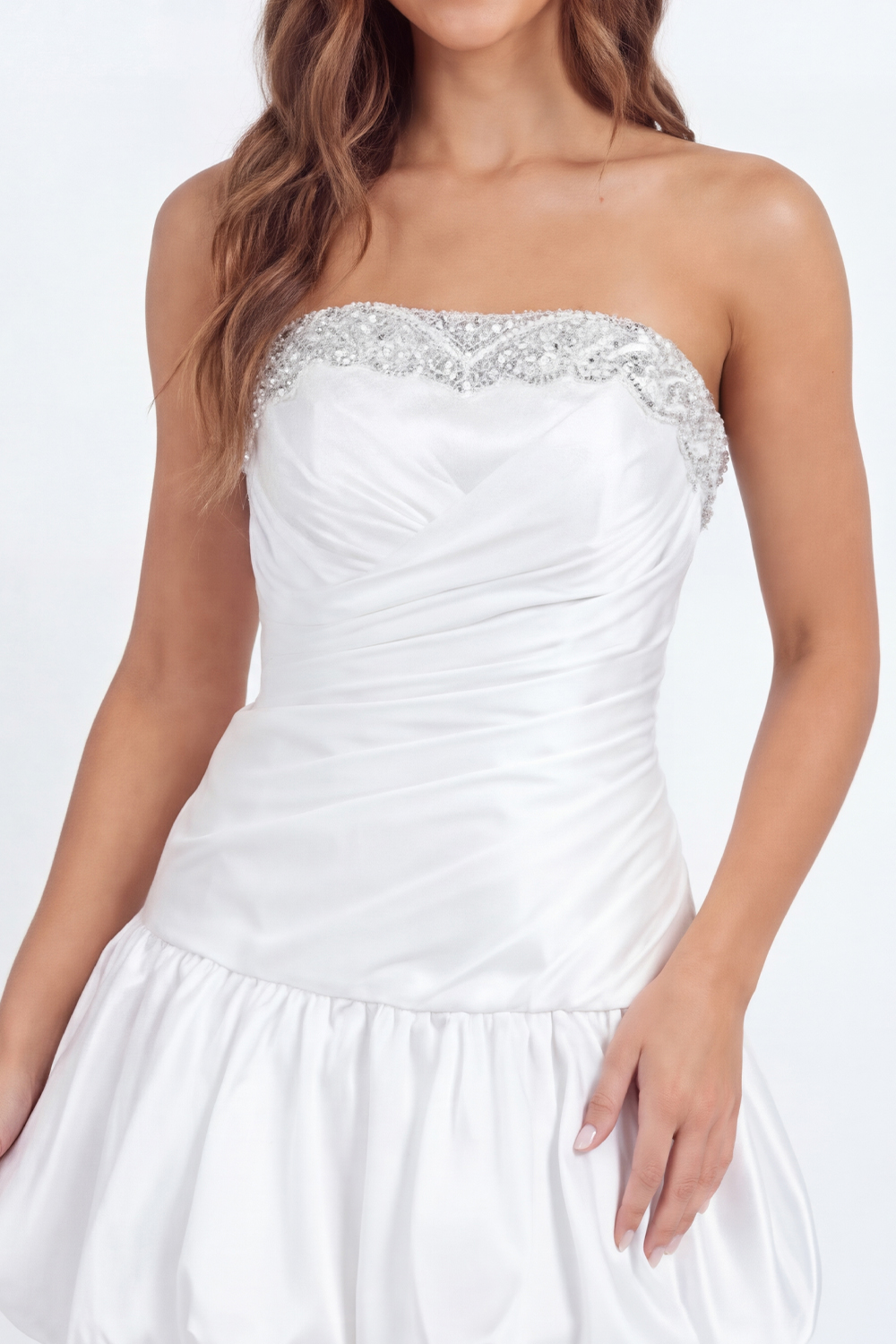 Sparkly White Beaded A Line Ruched Short Graduation Dress