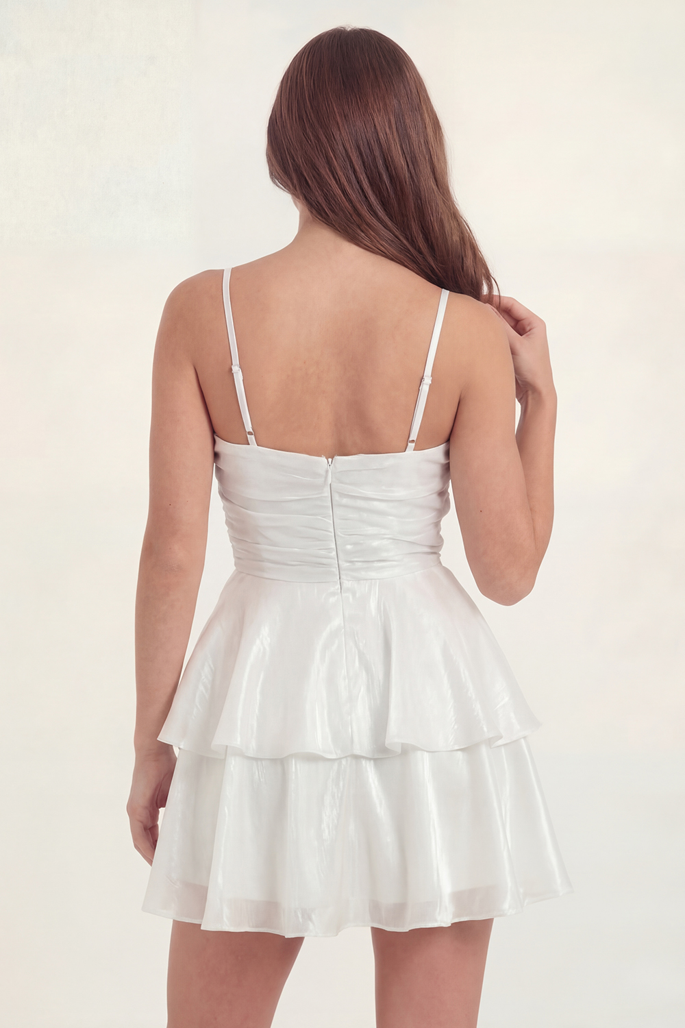 White A Line Spaghetti Straps Short Ruffled Graduation Dress