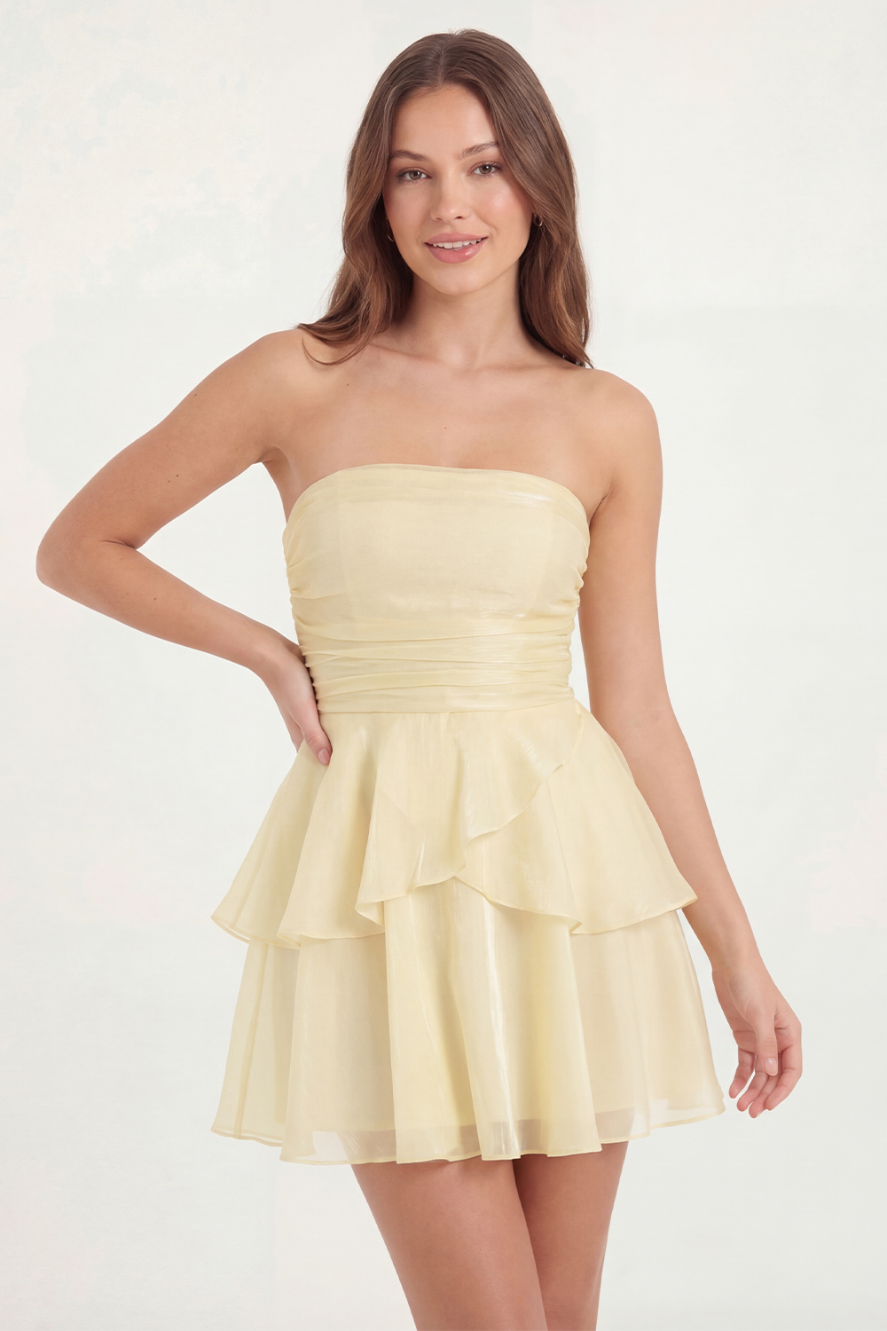 White Ruffled Ruched Strapless Short Graduation Dress