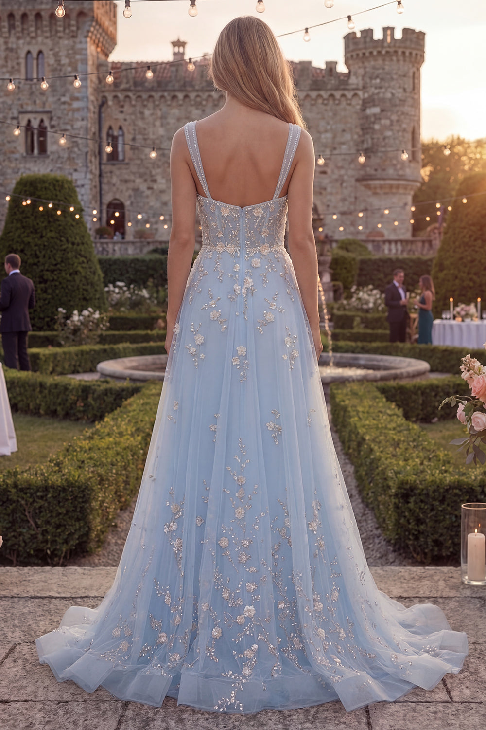 Thick Straps Sparkly Blue Floral A Line Beaded Long Prom Dress