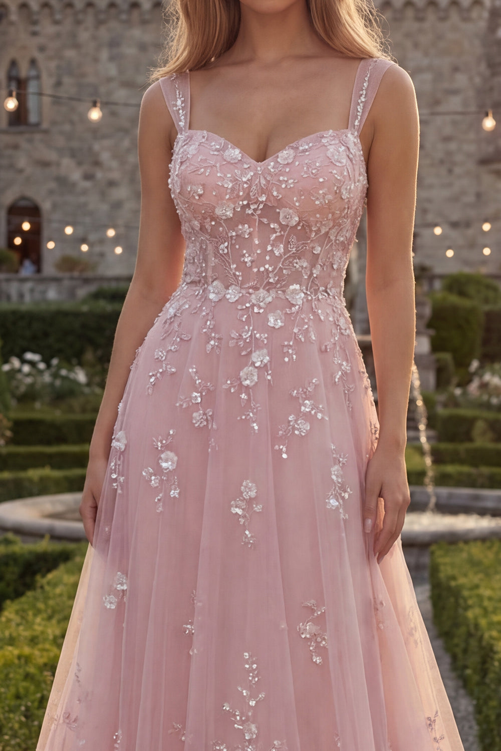 Thick Straps Sparkly Blue Floral A Line Beaded Long Prom Dress