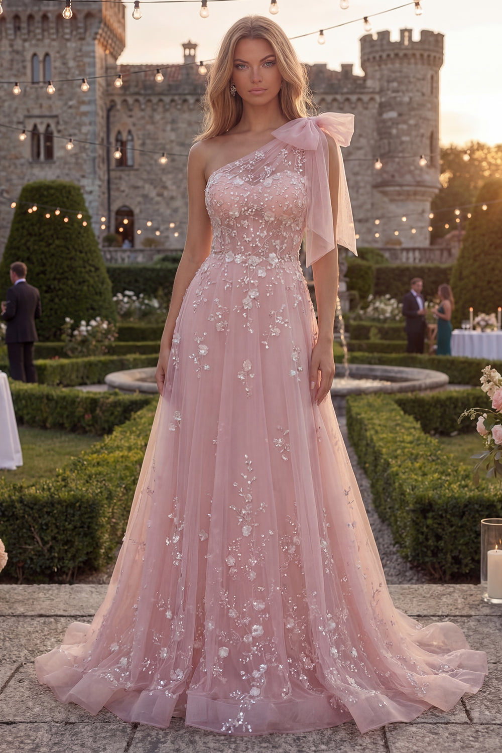 A Line Beaded Floral Sparkly Blue Long Prom Dress with Bow