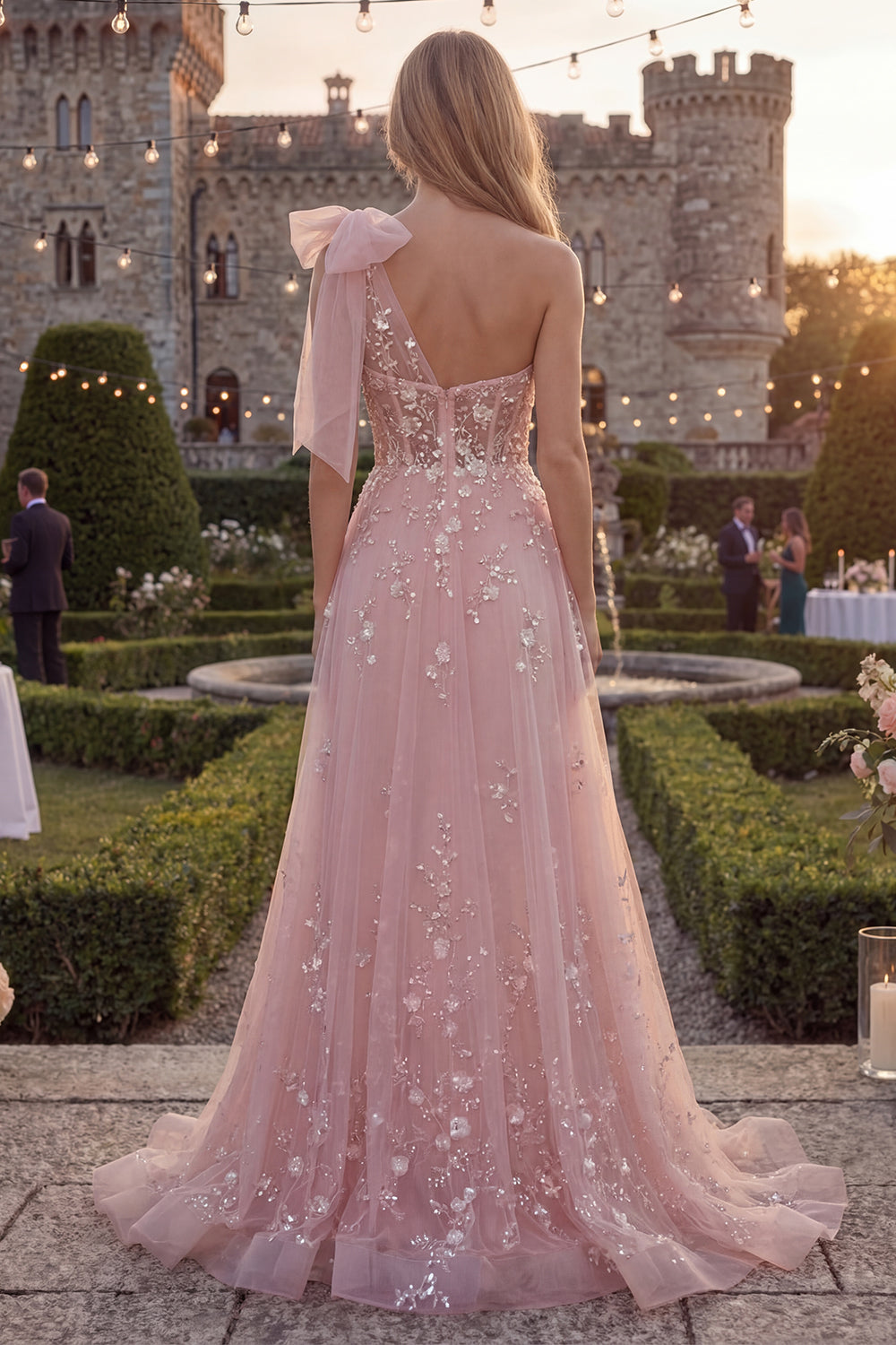 A Line Beaded Floral Sparkly Blue Long Prom Dress with Bow