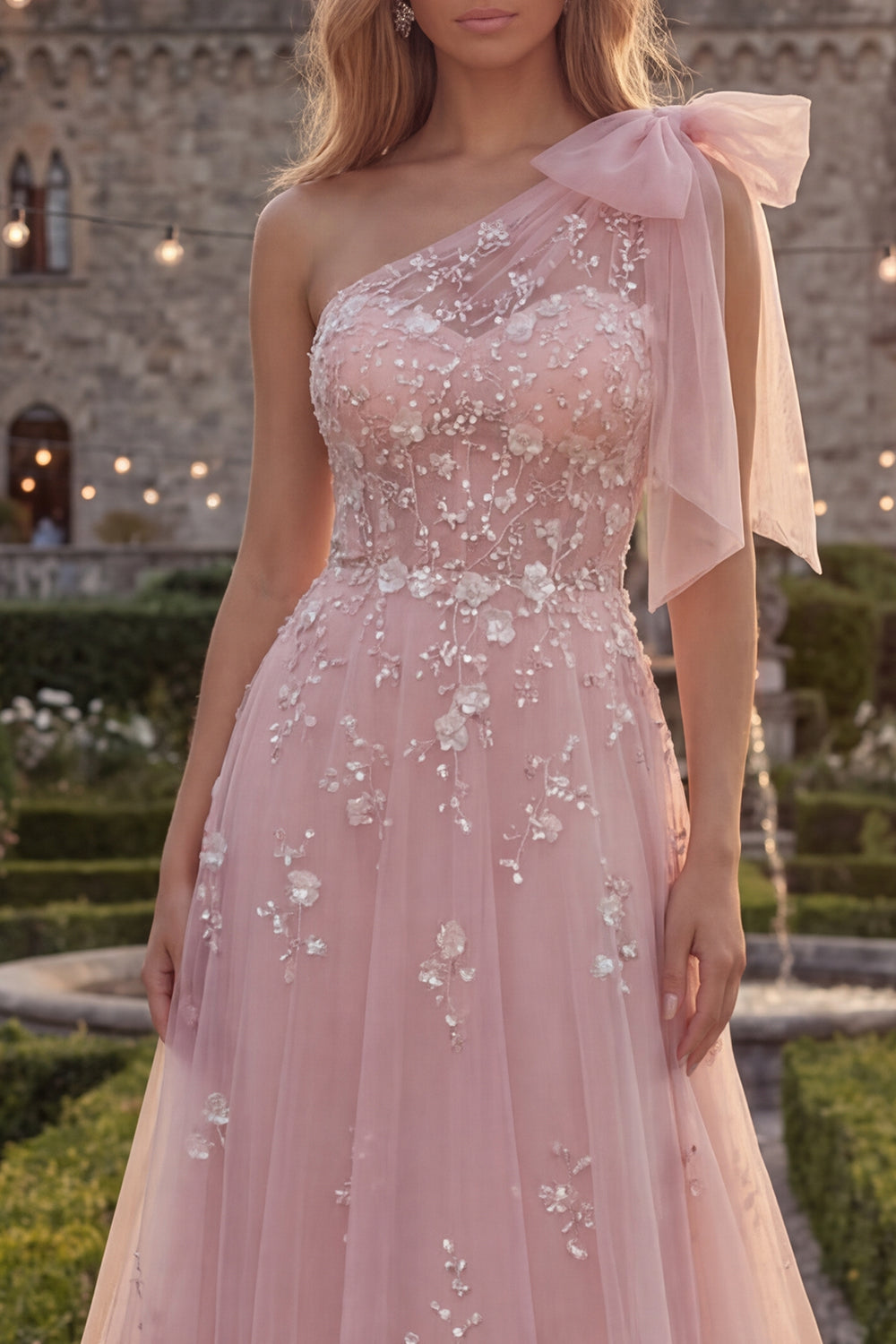 A Line Beaded Floral Sparkly Blue Long Prom Dress with Bow