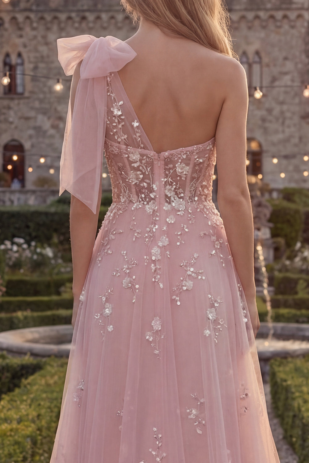 A Line Beaded Floral Sparkly Blue Long Prom Dress with Bow