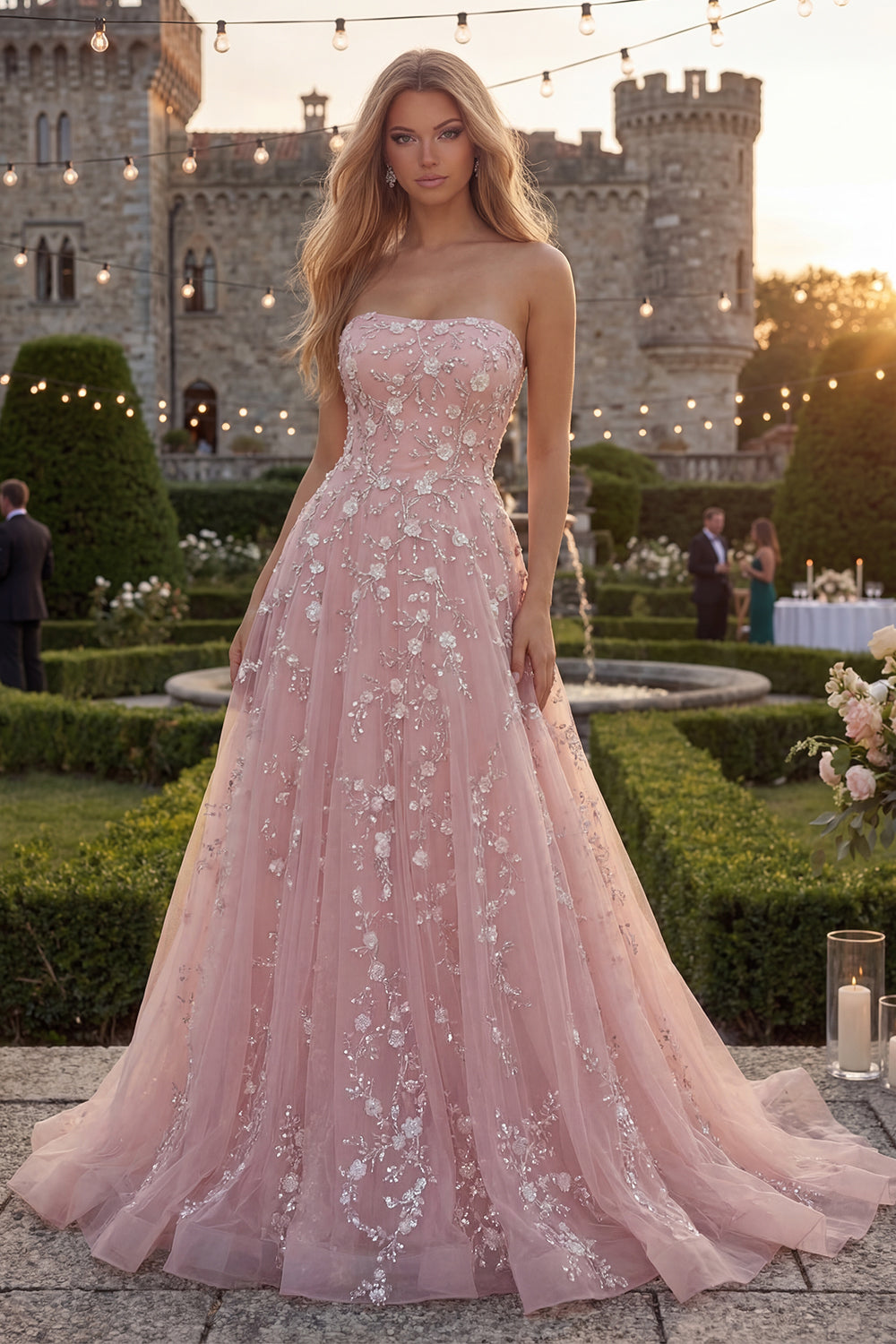 Beaded Long Strapless Sparkly Blue Floral A Line Prom Dress