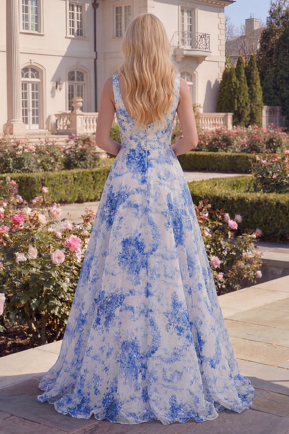 Boat Neck A Line White Blue Flower Long Prom Dress