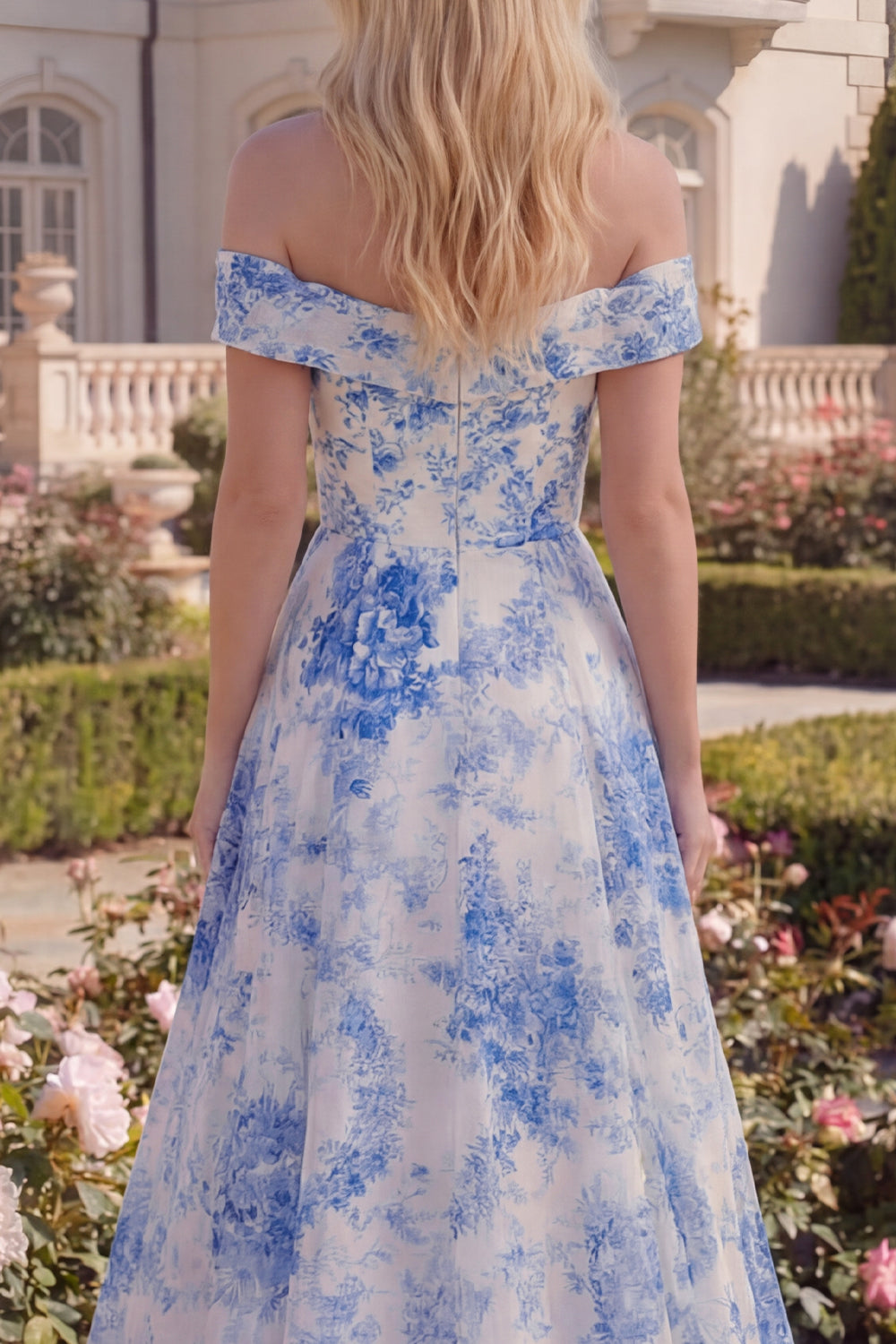 A Line Long White Blue Flower Off the Shoulder Prom Dress