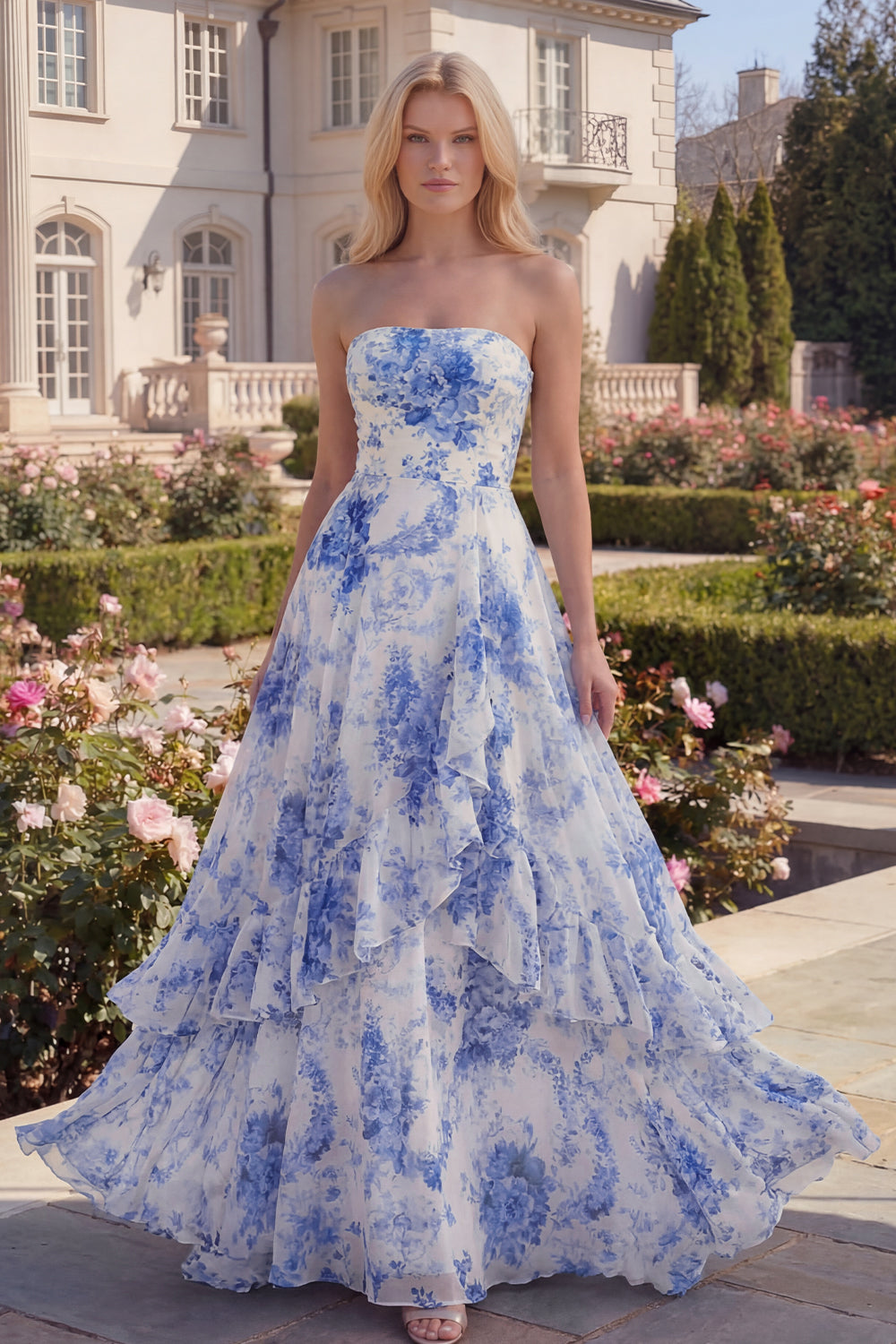 A Line White Blue Flower Long Strapless Prom Dress with Ruffles