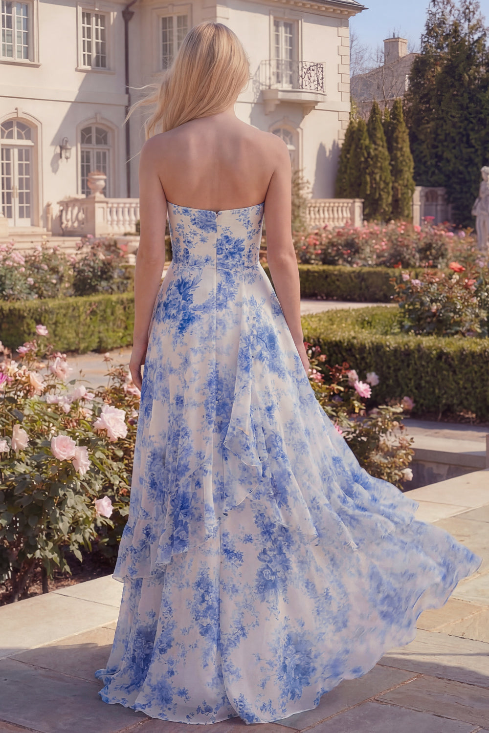 A Line White Blue Flower Long Strapless Prom Dress with Ruffles