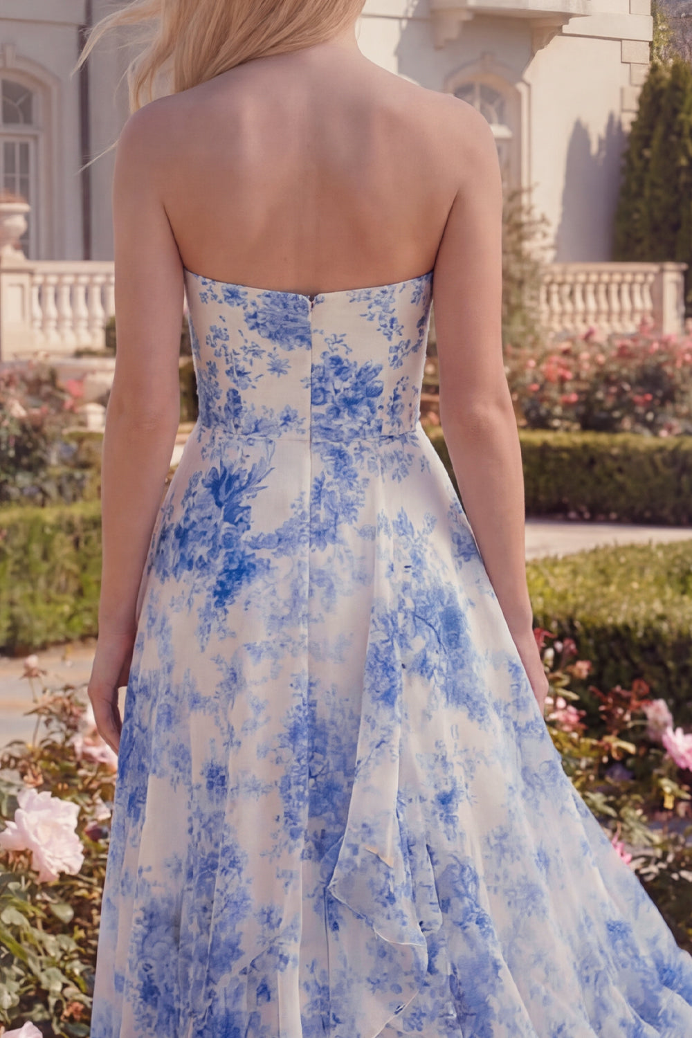 A Line White Blue Flower Long Strapless Prom Dress with Ruffles