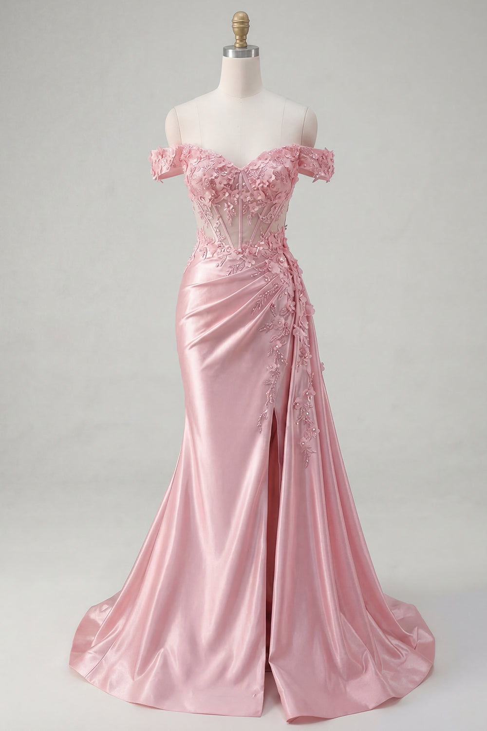 Floral Pink Corset Long Ruched Mermaid Prom Dress with Side Cape