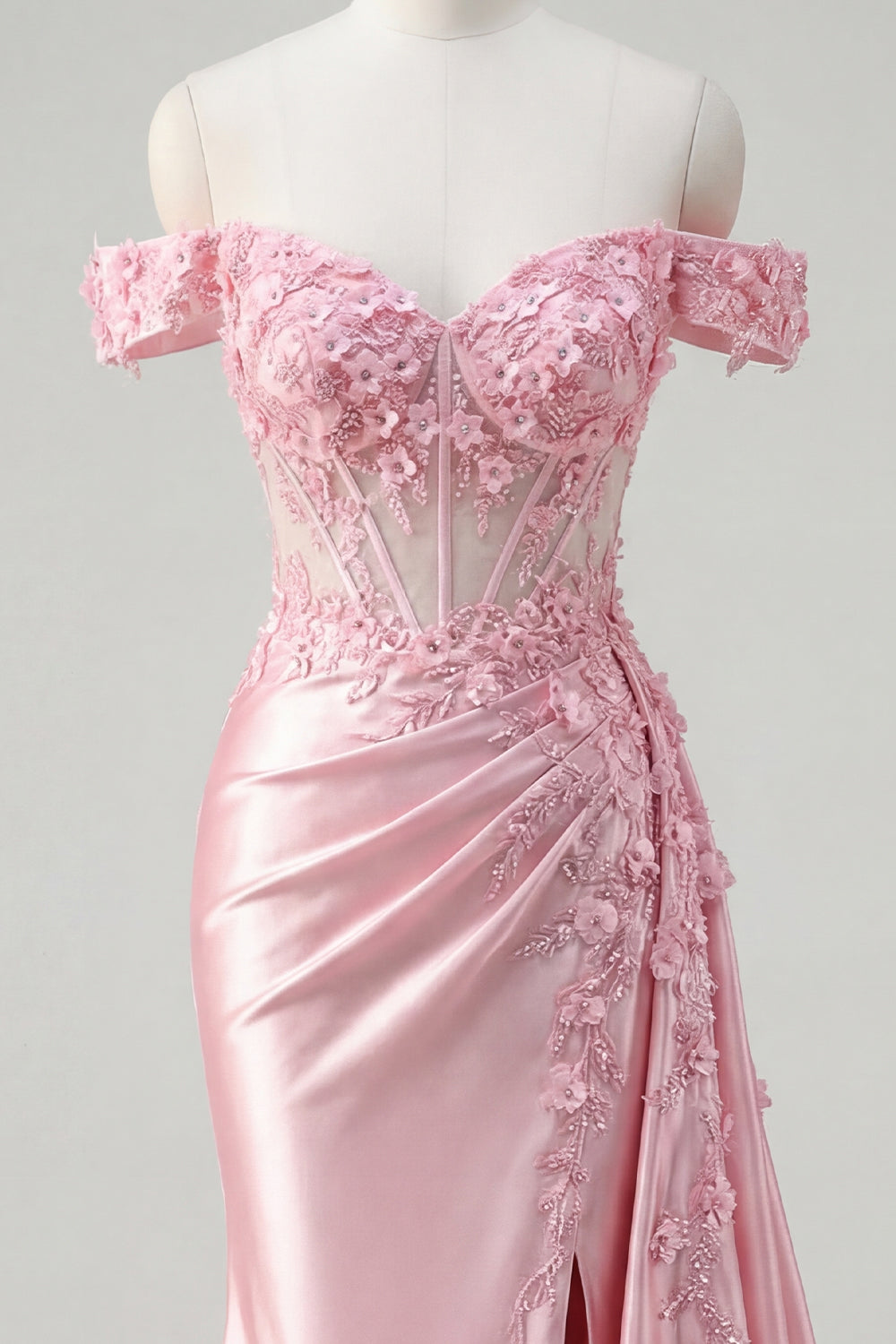 Floral Pink Corset Long Ruched Mermaid Prom Dress with Side Cape