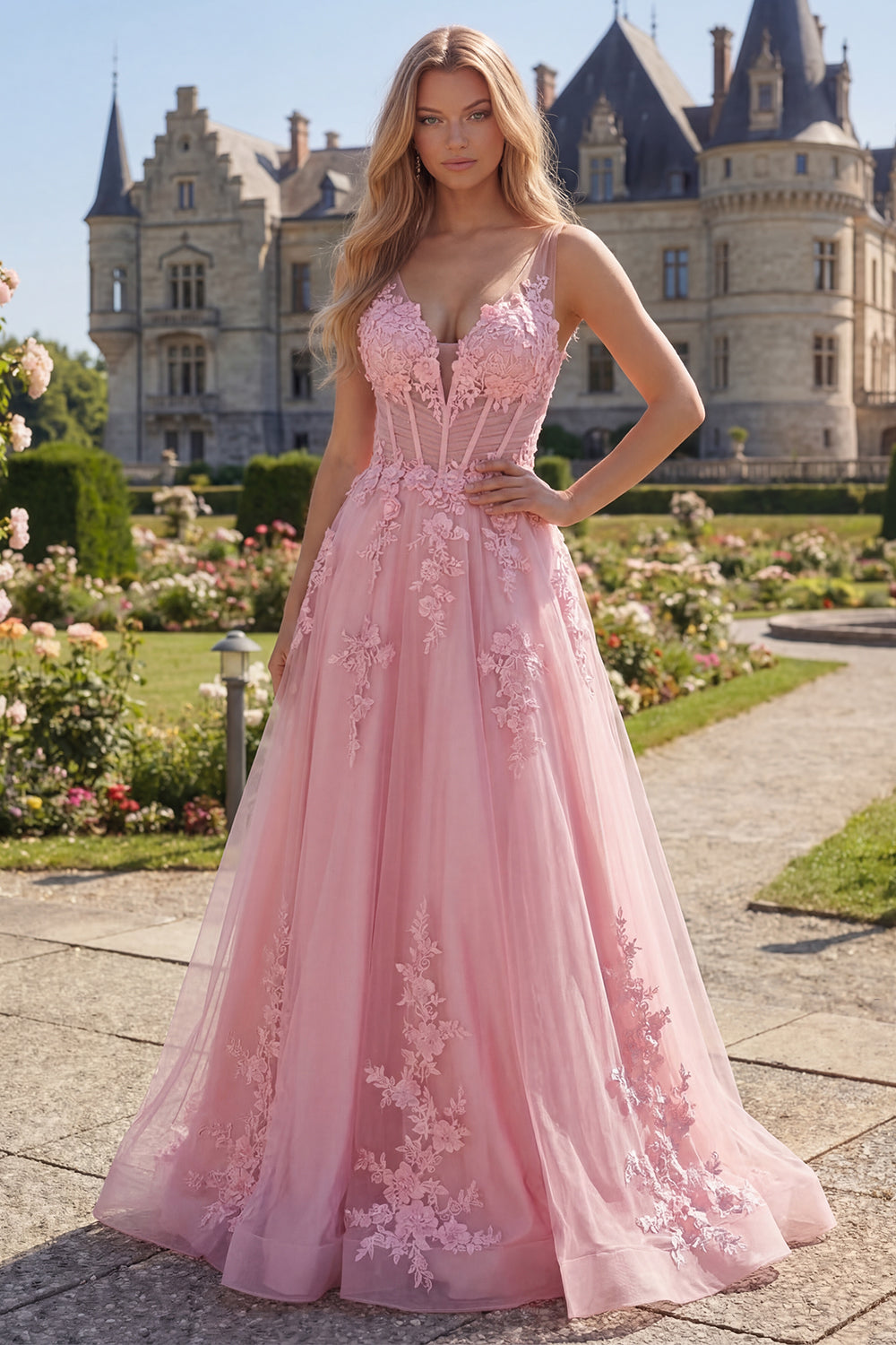V-Neck Long Floral Pink Corset A Line Prom Dress
