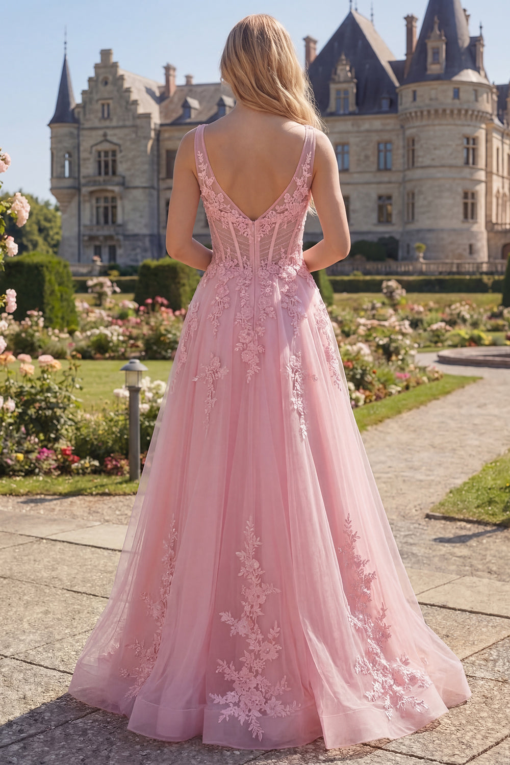 V-Neck Long Floral Pink Corset A Line Prom Dress