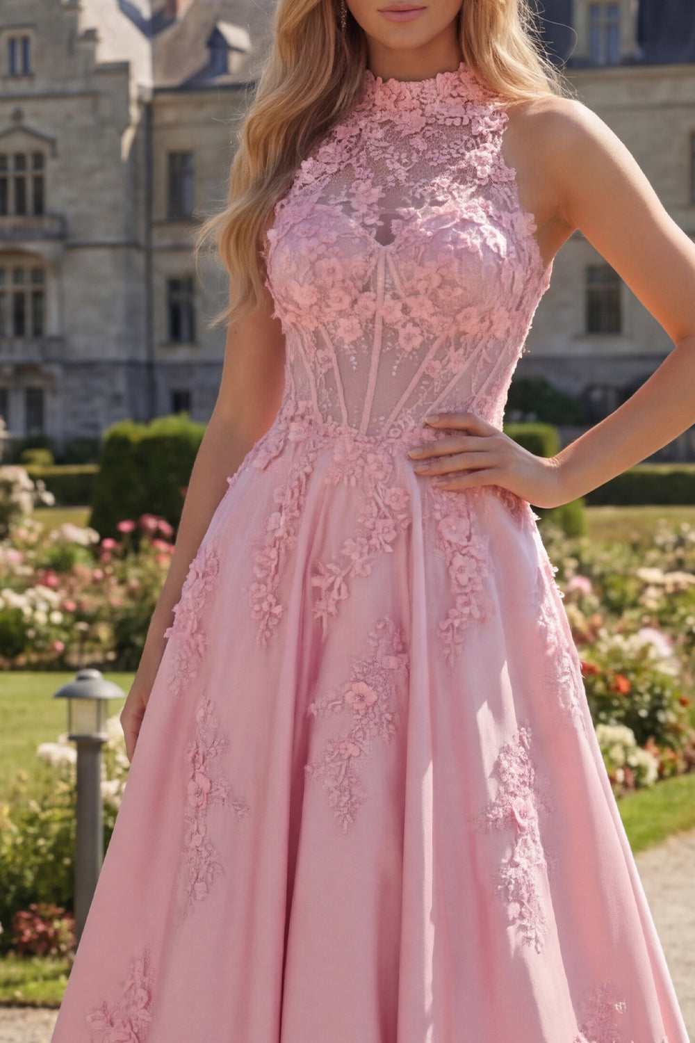 Long A Line Floral Pink Corset High Neck Prom Dress with Bow