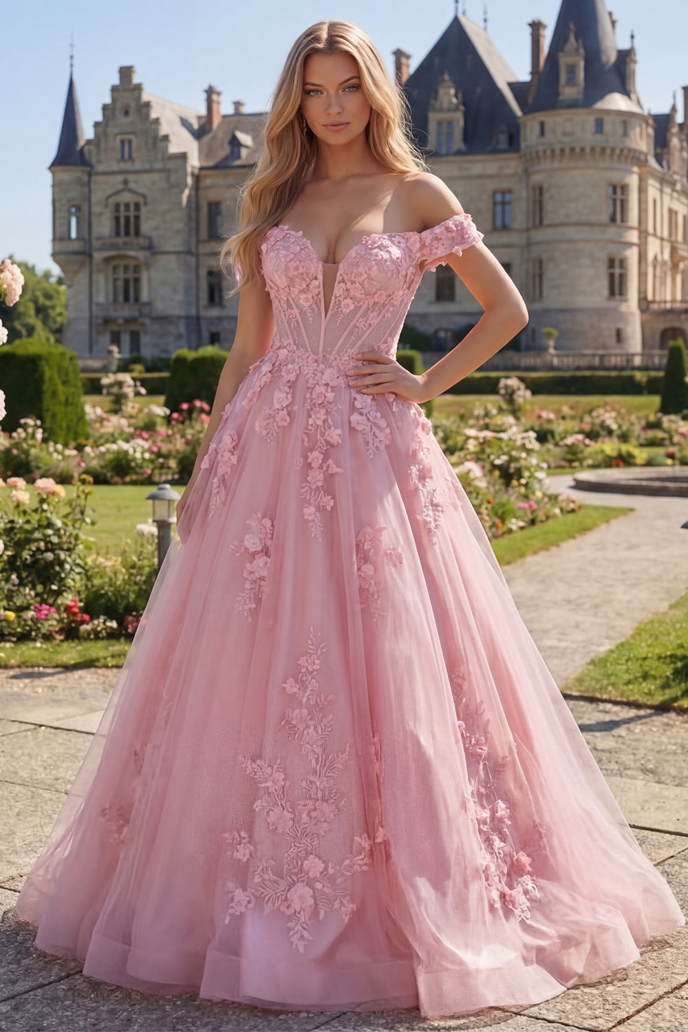 Pink Off the Shoulder A Line Floral Corset Long Prom Dress